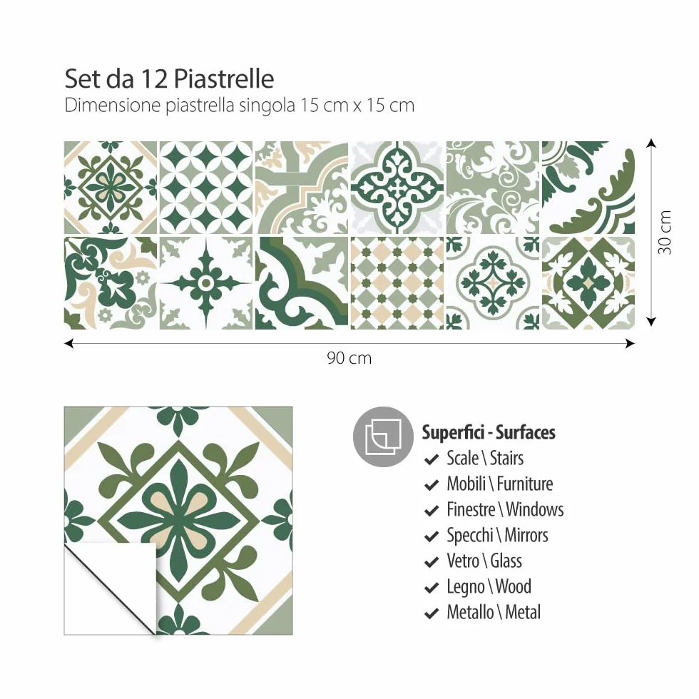 Autocollants Carrelage PVC Imperméables Anti-rayures Cuisine Bain Peel and Stick 12 Pcs 15x15 cm Modèle PS00090 Made in Italy
