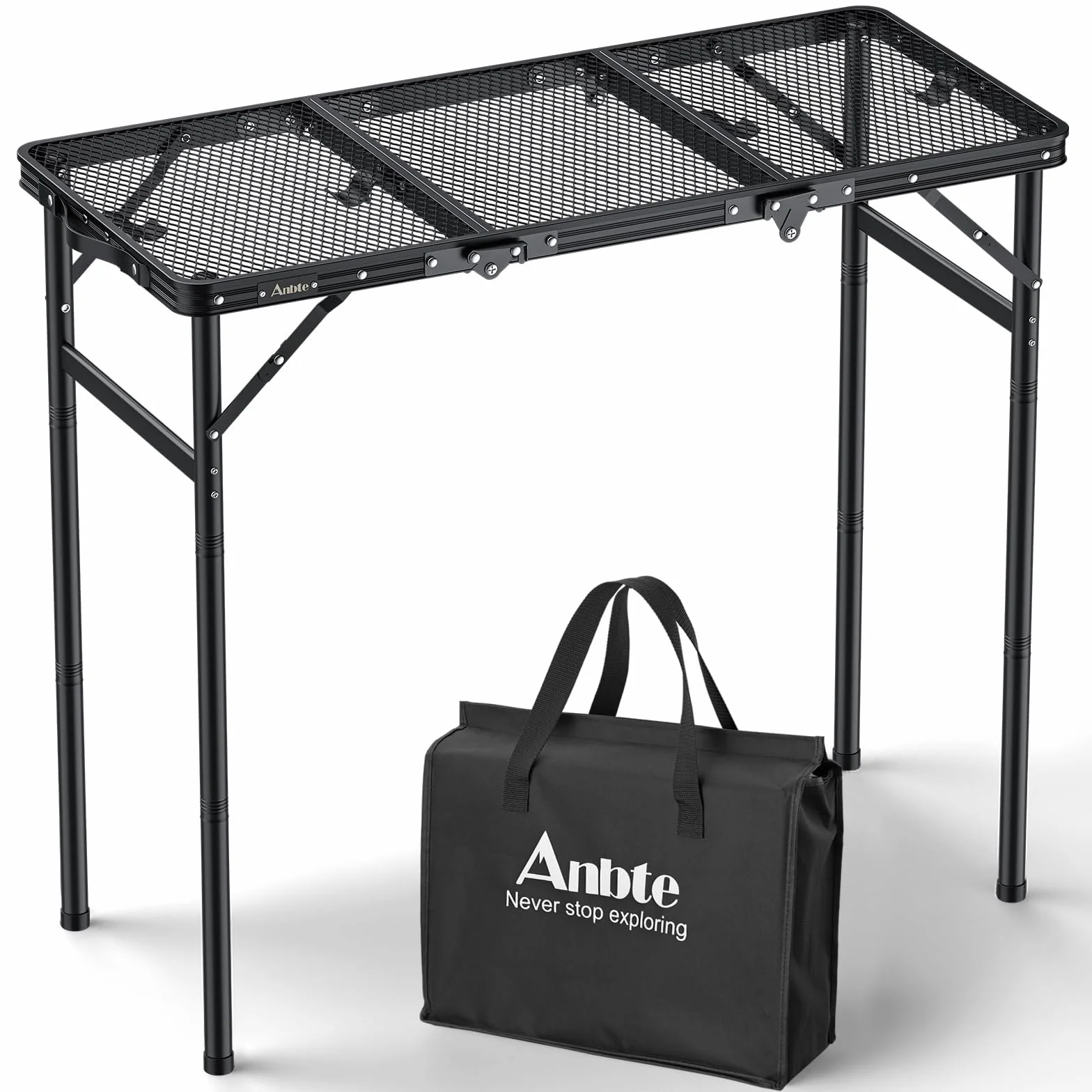 Table de Camping Pliante Anbte 90 x 40 cm 3 Hauteurs Réglables Aluminium Plateau Maille Métallique Portable Pique-Nique Jardin