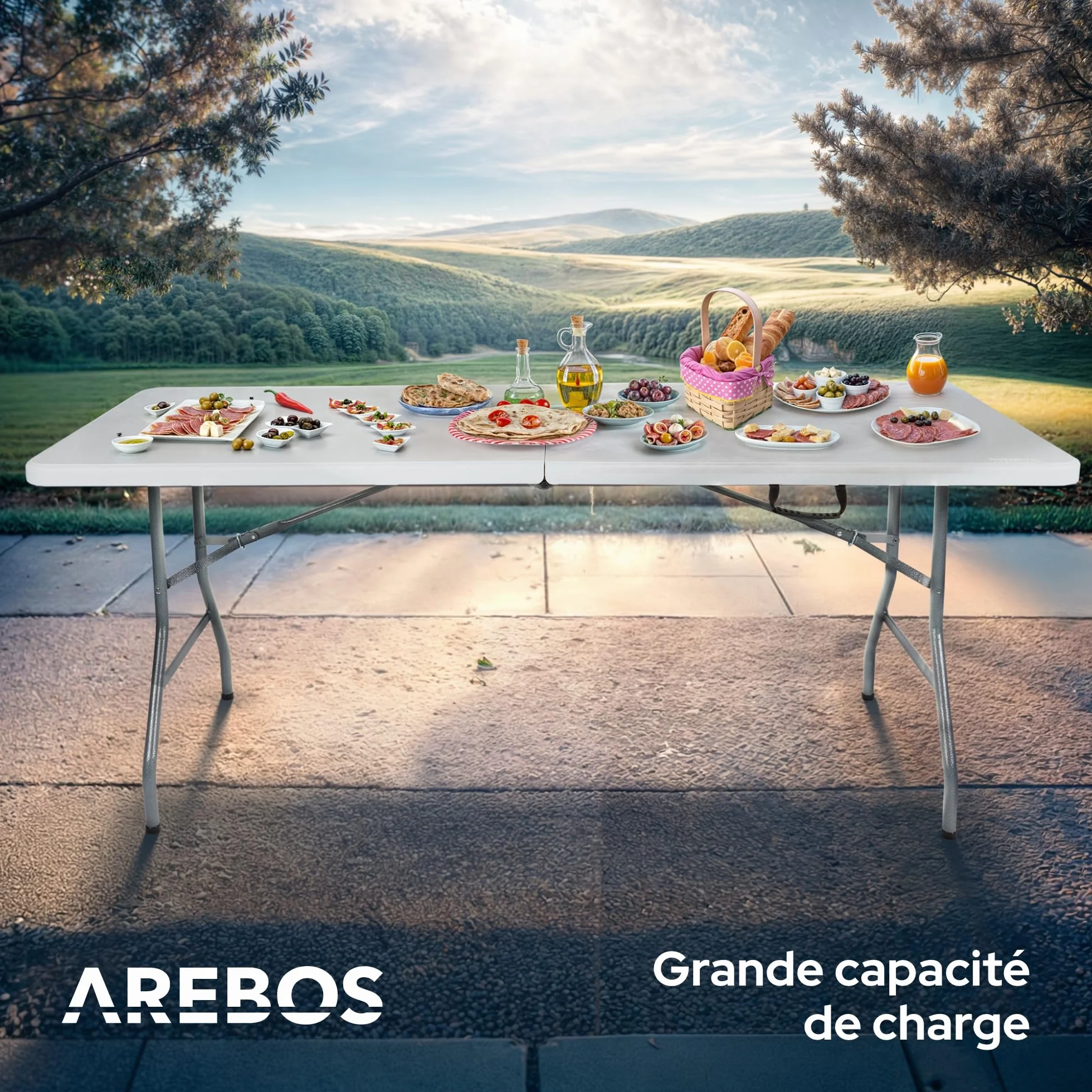 AREBOS Table de Buffet Pliante 182 x 74 x 74 cm Résistante aux intempéries Blanc 8 Personnes