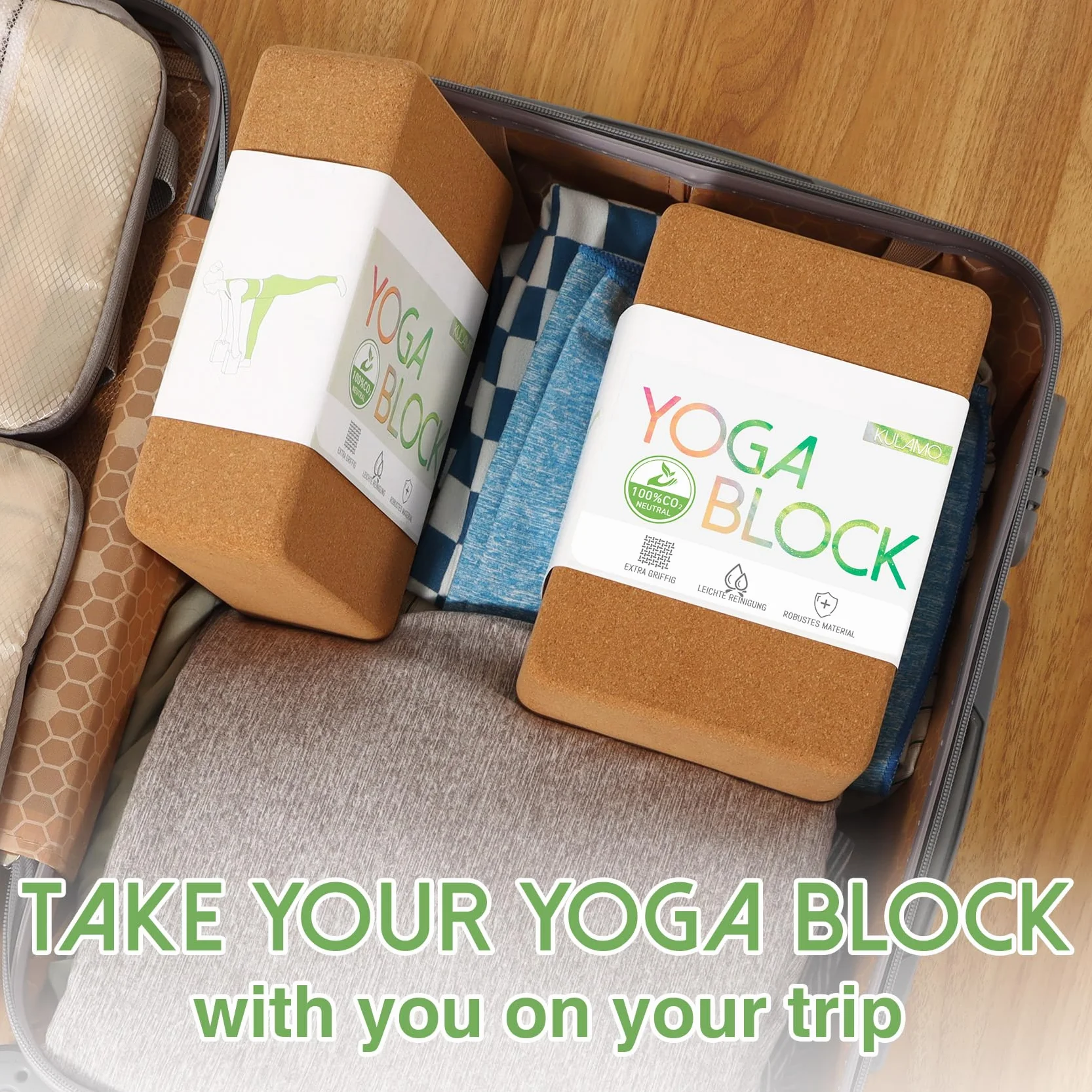Lot de 2 blocs de yoga en liège - Bloc de yoga en liège naturel - Bloc de yoga pour fitness, pilates, étirement et méditation - Bloc de yoga pour la régénération, le dos, les exercices d'étirement