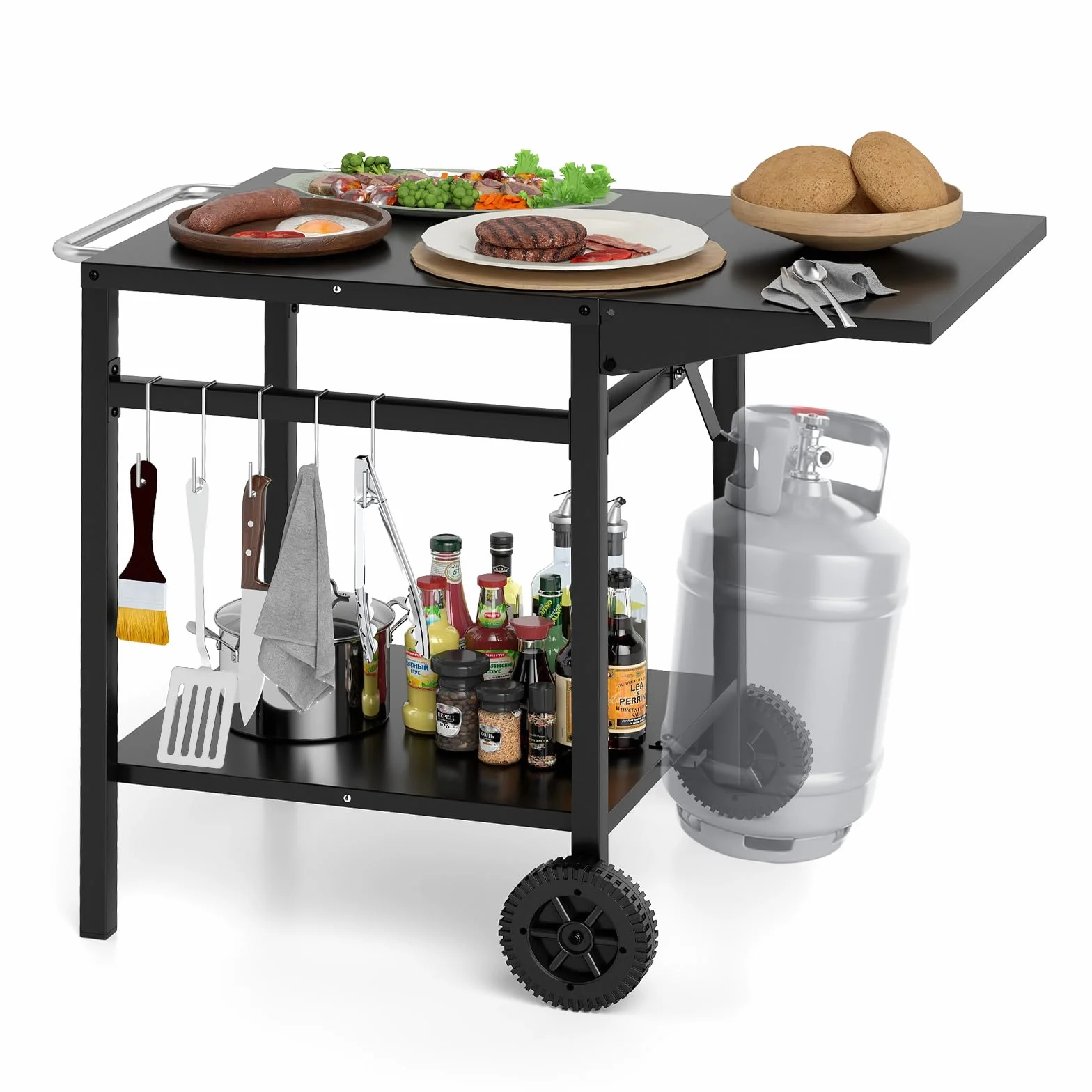 GOPLUS Desserte Jardin Chariot Barbecue avec 2 Roues, Plateau Pliant, 96,5x64x75cm, Noir