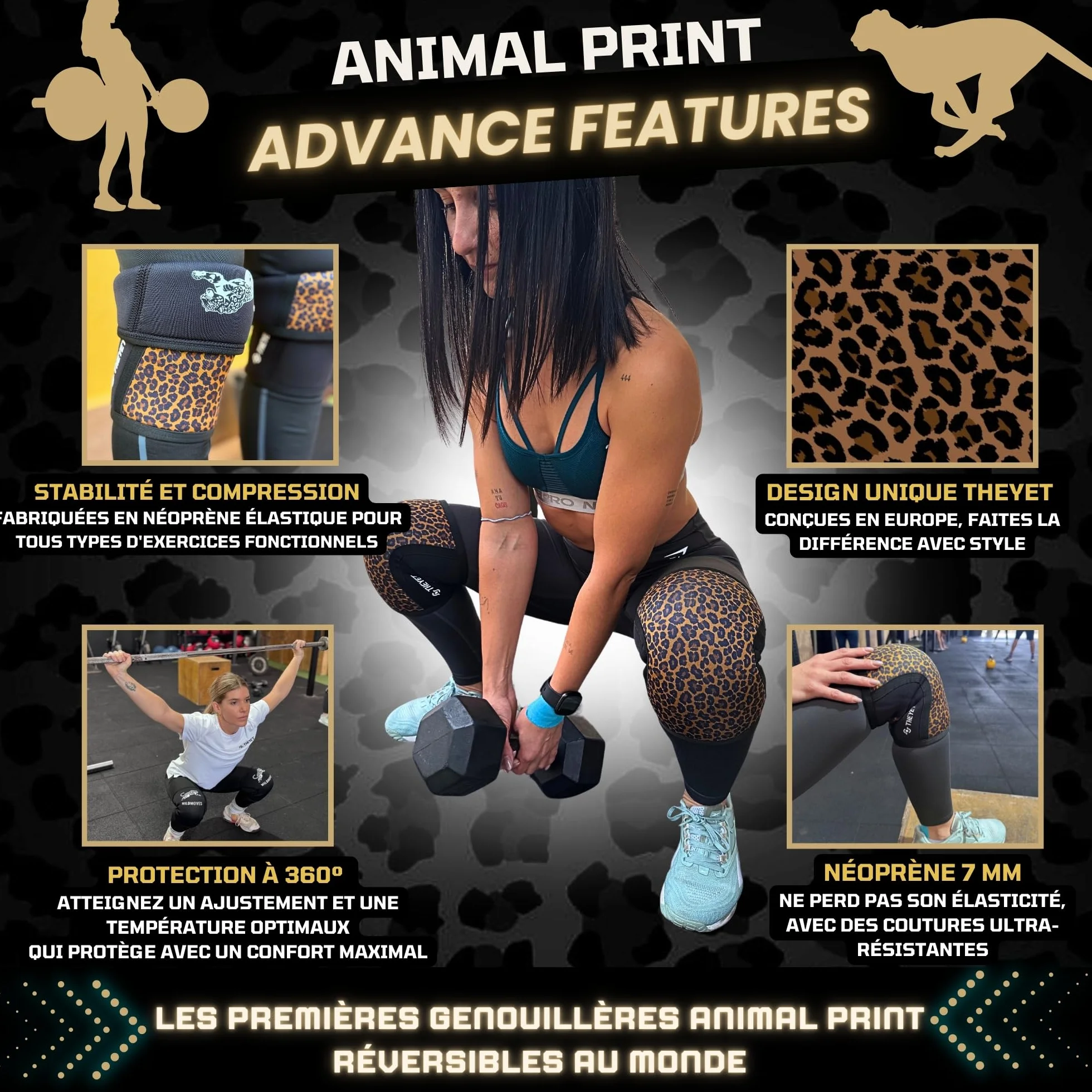 Theyet Genouillères Crossfit et Musculation Réversibles 7mm en Néoprène | Protections Sportives pour Genoux Animal Print Femme | Compression Haltérophilie Powerlifting, Fitness, Gym et Squat (Paire)