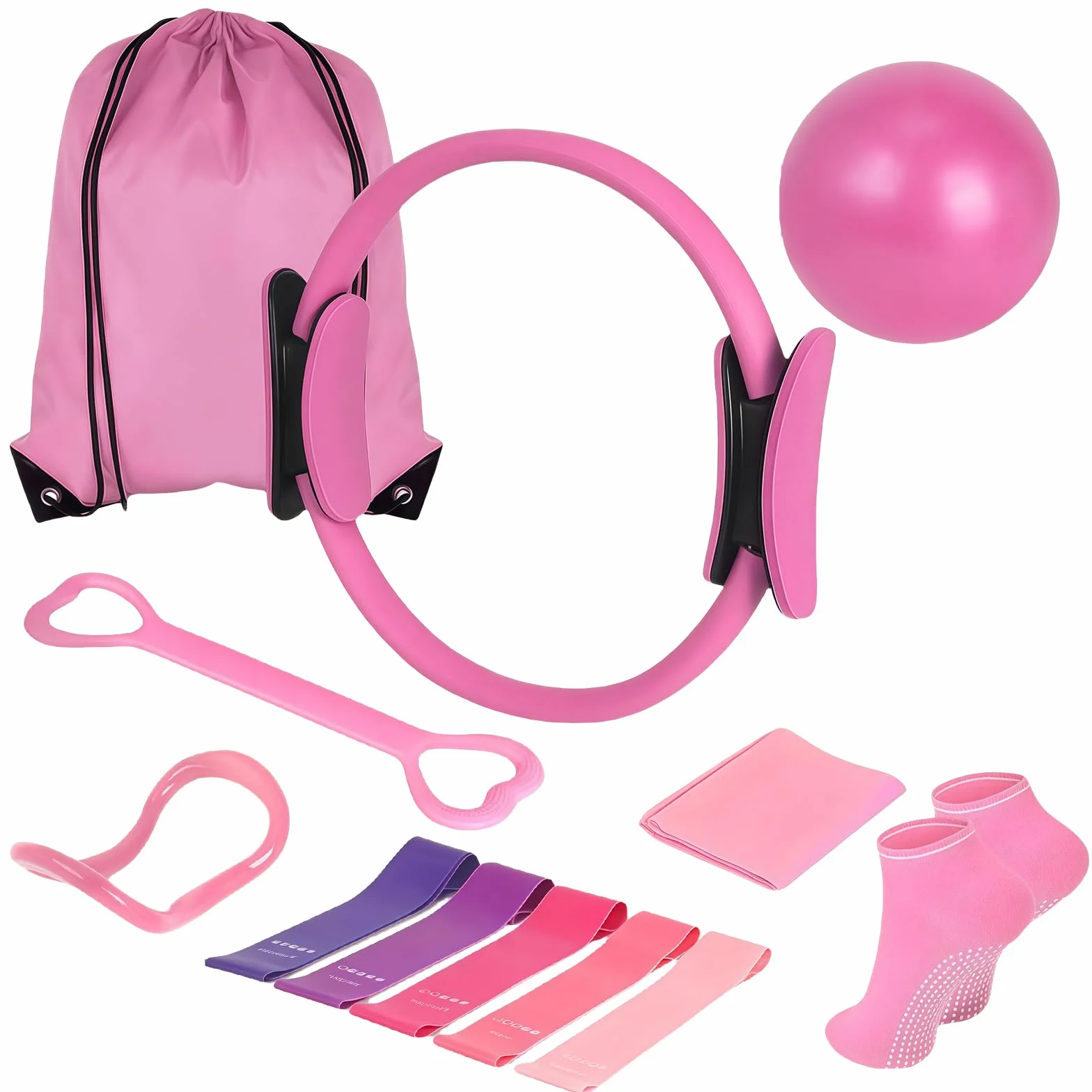 Leikurvo Kit de Pilates Essential de 13 pièces pour femme avec balle de Pilates, bandes de résistance, chaussettes, anneau de Pilates et accessoires pour étirement et fitness (rose)