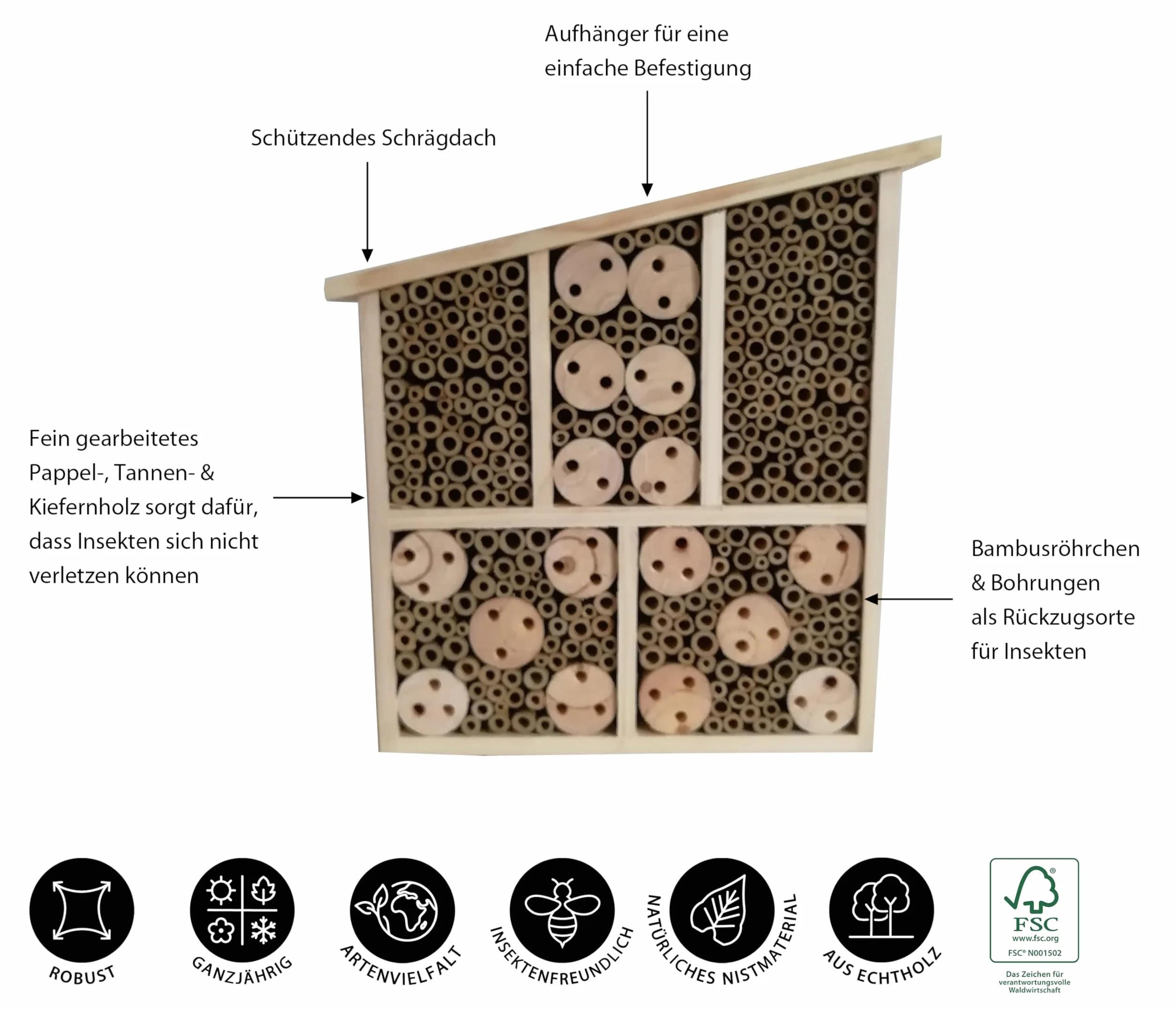 Dehner Natura Osmia Hôtel à Insectes 32 x 9 x 30 cm Bois de pin Sapin Bambou contreplaqué Naturel