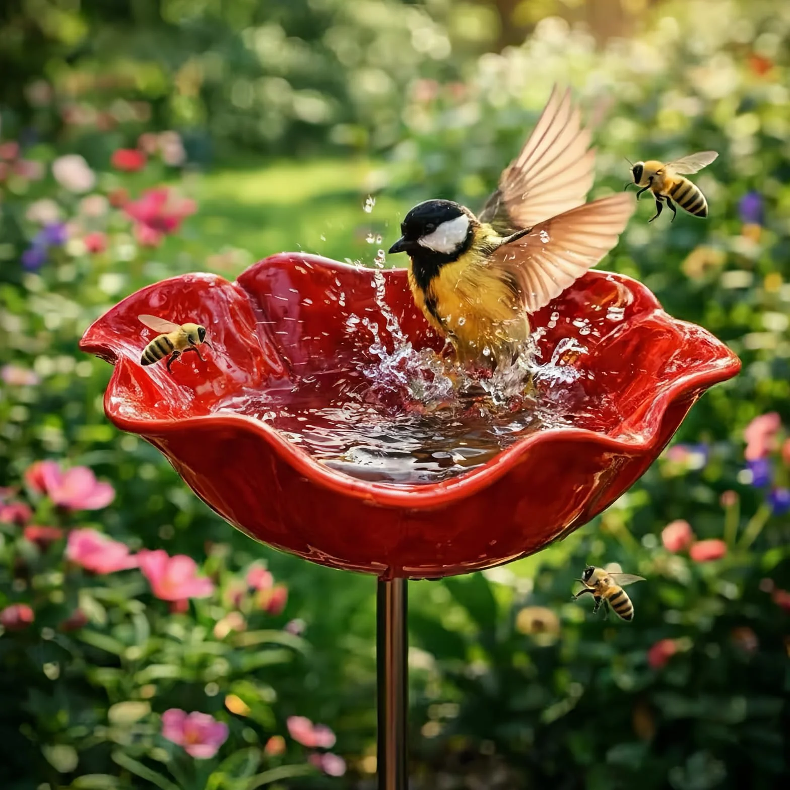 Abreuvoir pour Abeilles en Métal Fleur, Bain d'oiseaux sur Tige 60 cm Résistant aux Intempéries, Mangeoire pour Oiseaux