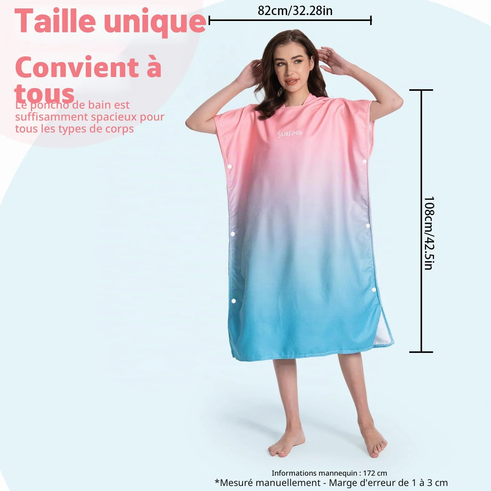 MOKANI Peignoir de bain, Poncho serviette à capuche pour piscine, plage, surf, séchage rapide et léger, poncho éponge pour adultes femmes hommes (avec boutons, 108L x 82l CM)
