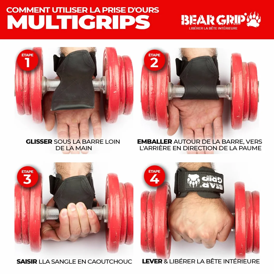 BEAR GRIP Gants de Musculation Haut de Gamme à Sangles et Crochets, Ultra-résistants, pour haltérophilie, soulevé de Terre et Force athlétique