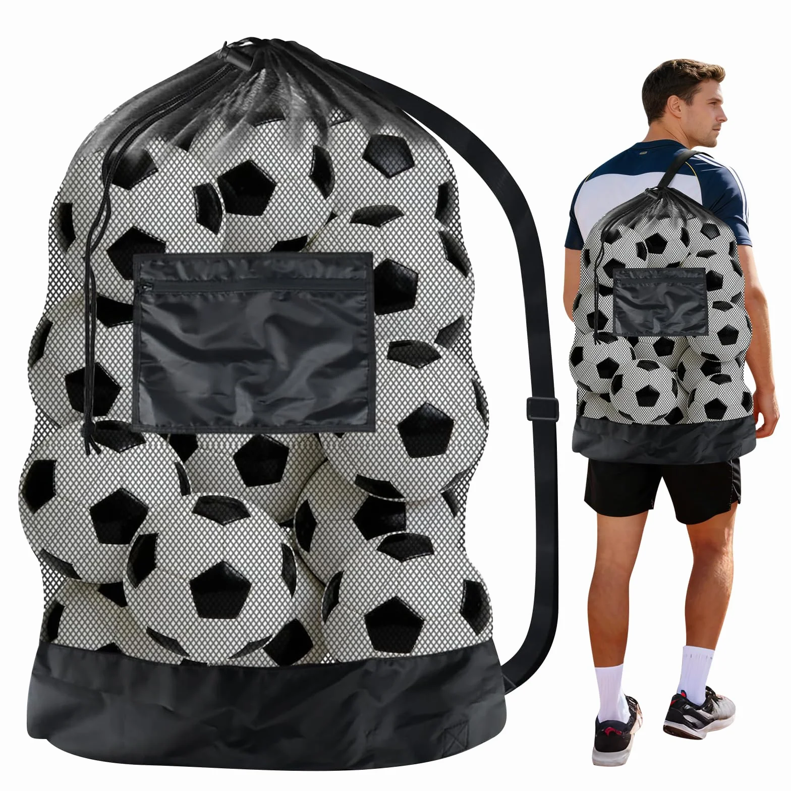 Sac de Ballon en Filet, Sac de Rangement pour Ballons, Sac à Ballons en Maille, Extra Large, avec Cordon de Serrage et Bandoulière, pour Basketball, Rugby, Football et Volleyball
