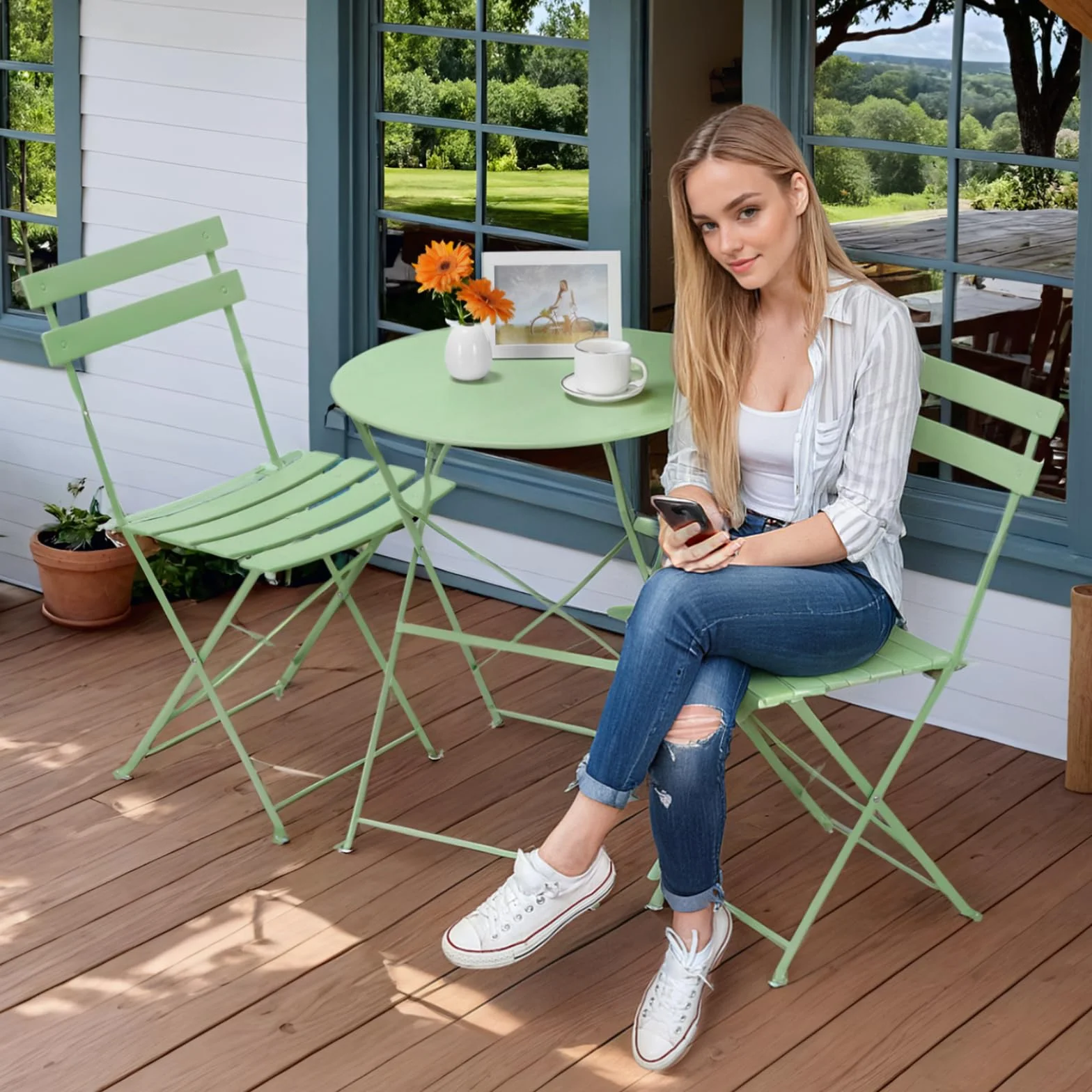 LIFERUN Salon de Jardin Bistrot Pliable, Set de Bistrot en Métal, Table et 2 Chaises Pliantes, 3 Pièces, Vert