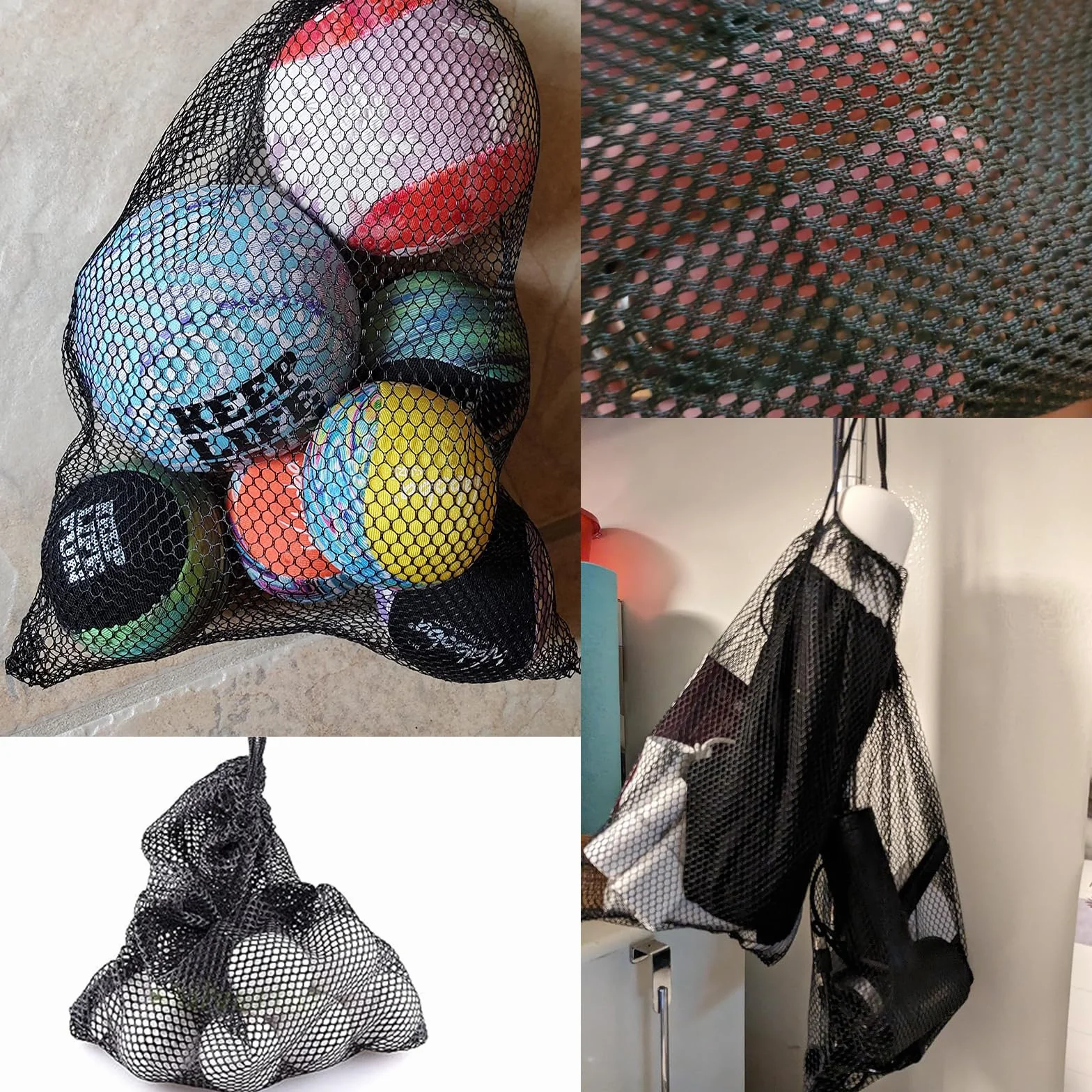 Lot de 6 sacs en maille filet noir pour voyage, cosmétiques, accessoires de sport, rangement des marchandises avec cordon de serrage