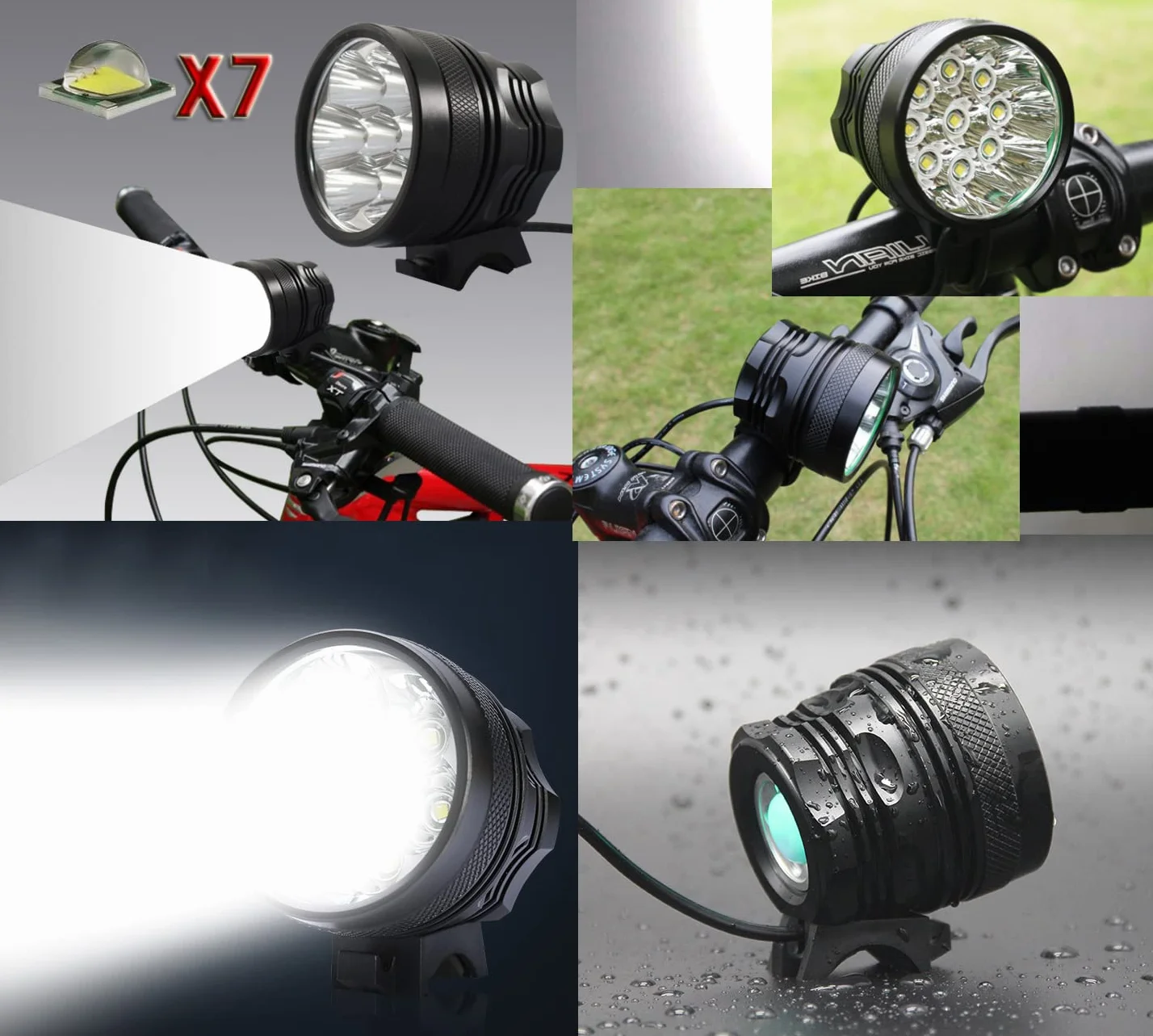 Lumière Lampe Velo LED Puissantes, Eclairage VTT Phare Vélo Rechargeable Etanche Lampe Vélo 9000 LM(7 LED 3 Modes), Kit Eclairage Velo pour VTT VTC Cycliste Poussette Camping