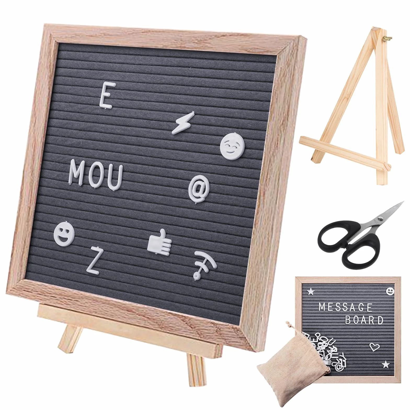 Planche à lettres en feutre 25x25 cm, interchangeable, 340 lettres, tableau à lettres carré en bois avec chevalet et sac