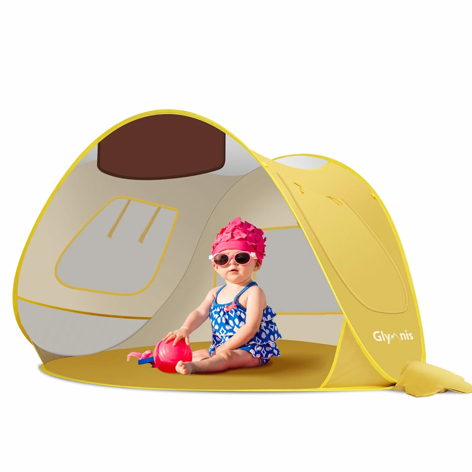 Glymnis Tente Anti UV Bébé, Tente de Plage Pop Up - Anti-UV, Haute Protection Solaire UV 50+, Ventilation - Jaune