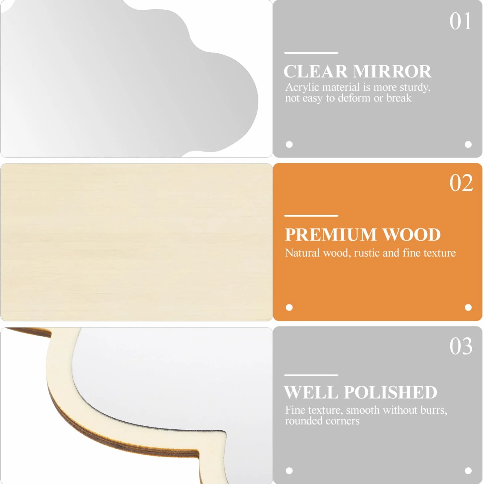 Miroir Décoratif en Bois Naturel Nuage, Miroir Autocollant sans Perçage, Film Protecteur pour Chambre Enfant