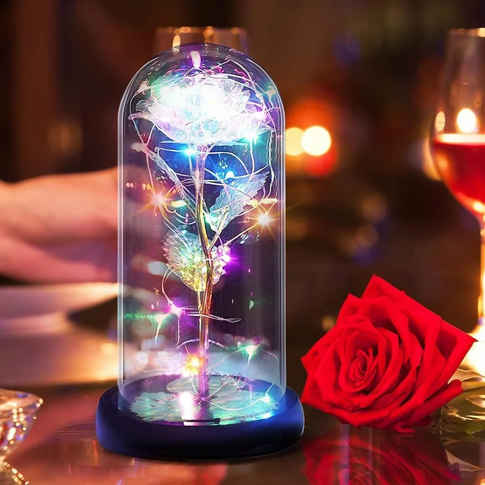 Rose Éternelle sous Cloche avec Lumière LED Cadeau Femme Saint Valentin Galaxie Lumineuses
