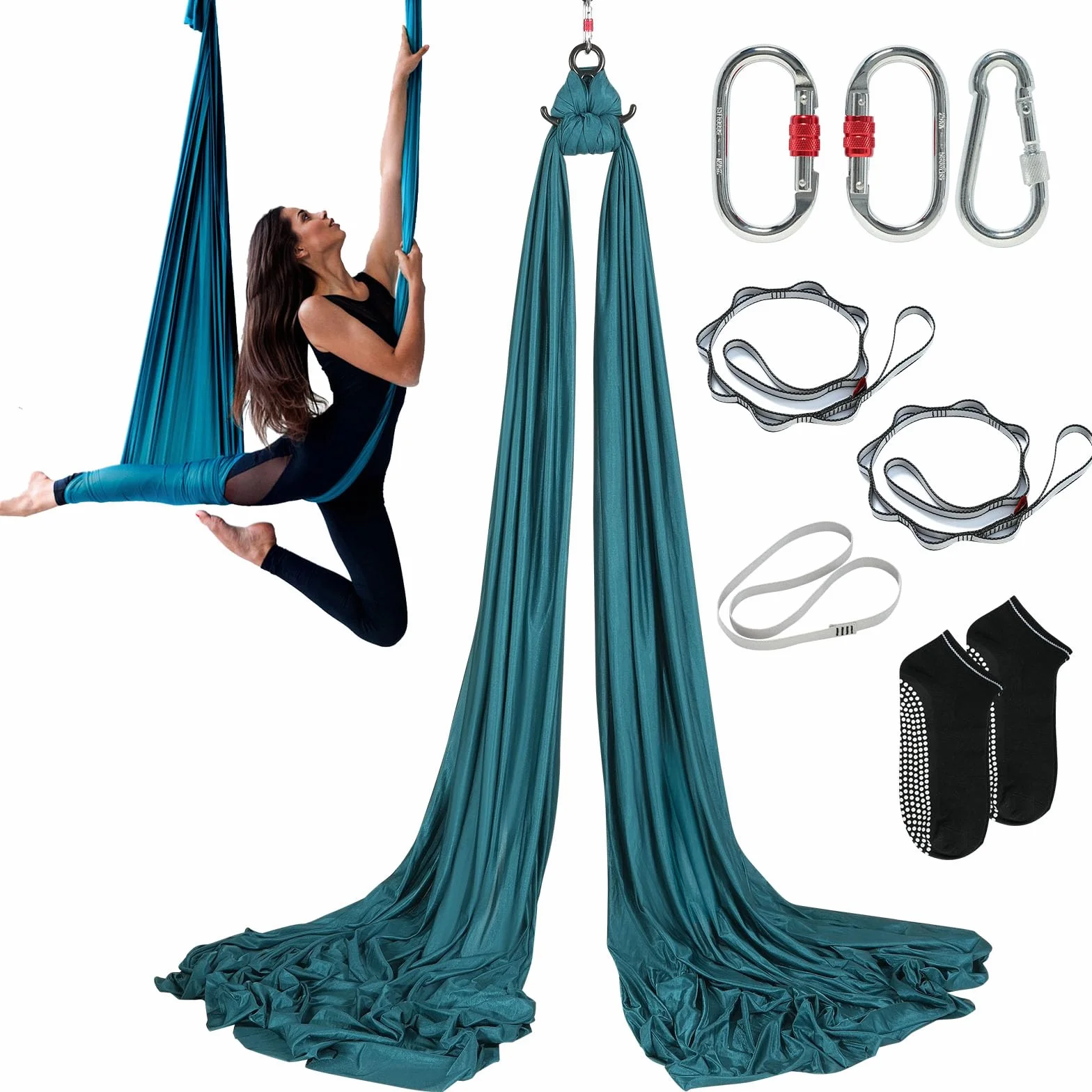 VEVOR Hamac de Yoga Aérien 5x2,8 m Kit Balançoire de Yoga Inversion Danse Aérienne en Nylon 100 g/m² Charge 1000 kg Vol Anti-gravité d'Air pour Fitness Musculation Pilates Gym Maison Studio Vert