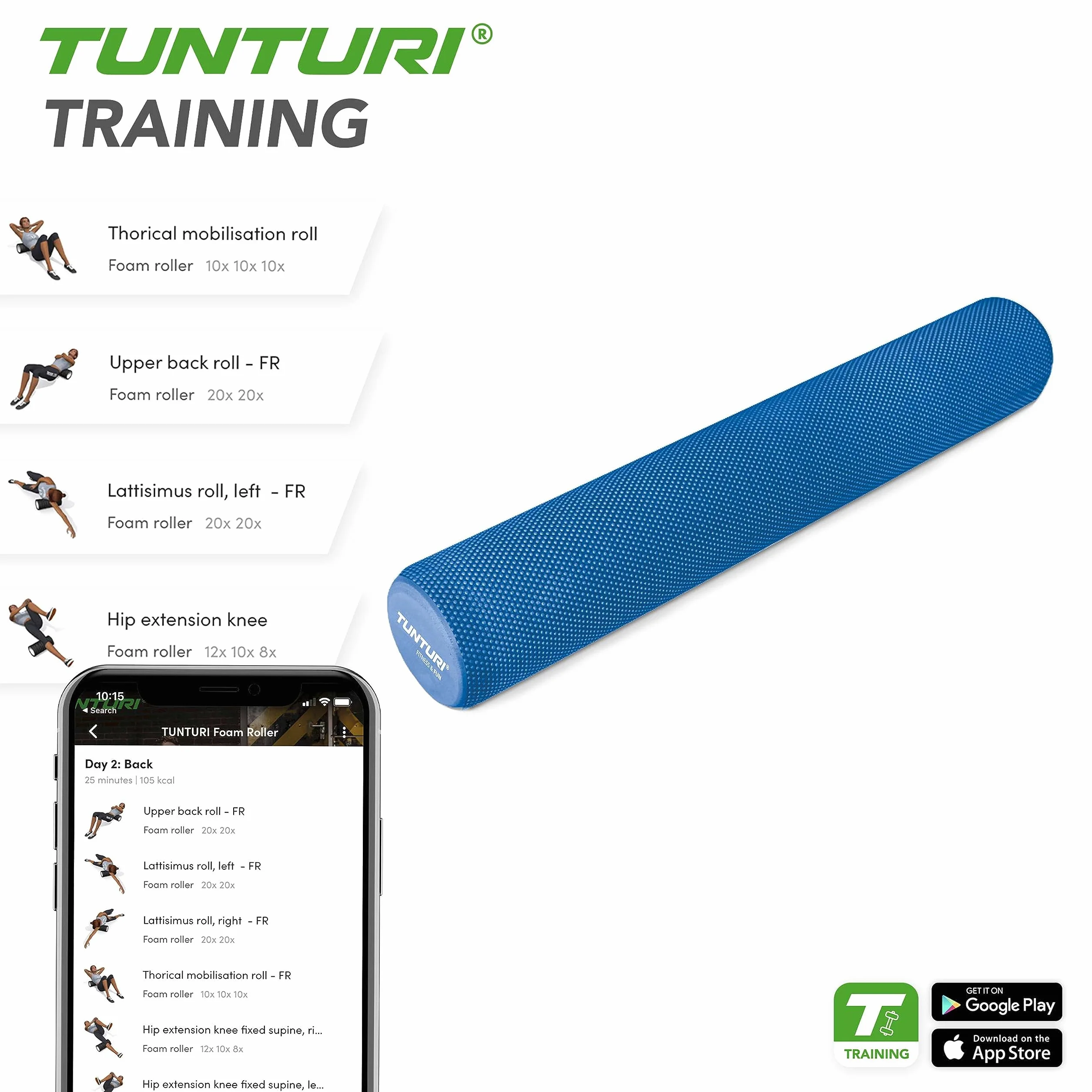 Tunturi Rouleau de Massage Yoga 90cm EVA Bleu