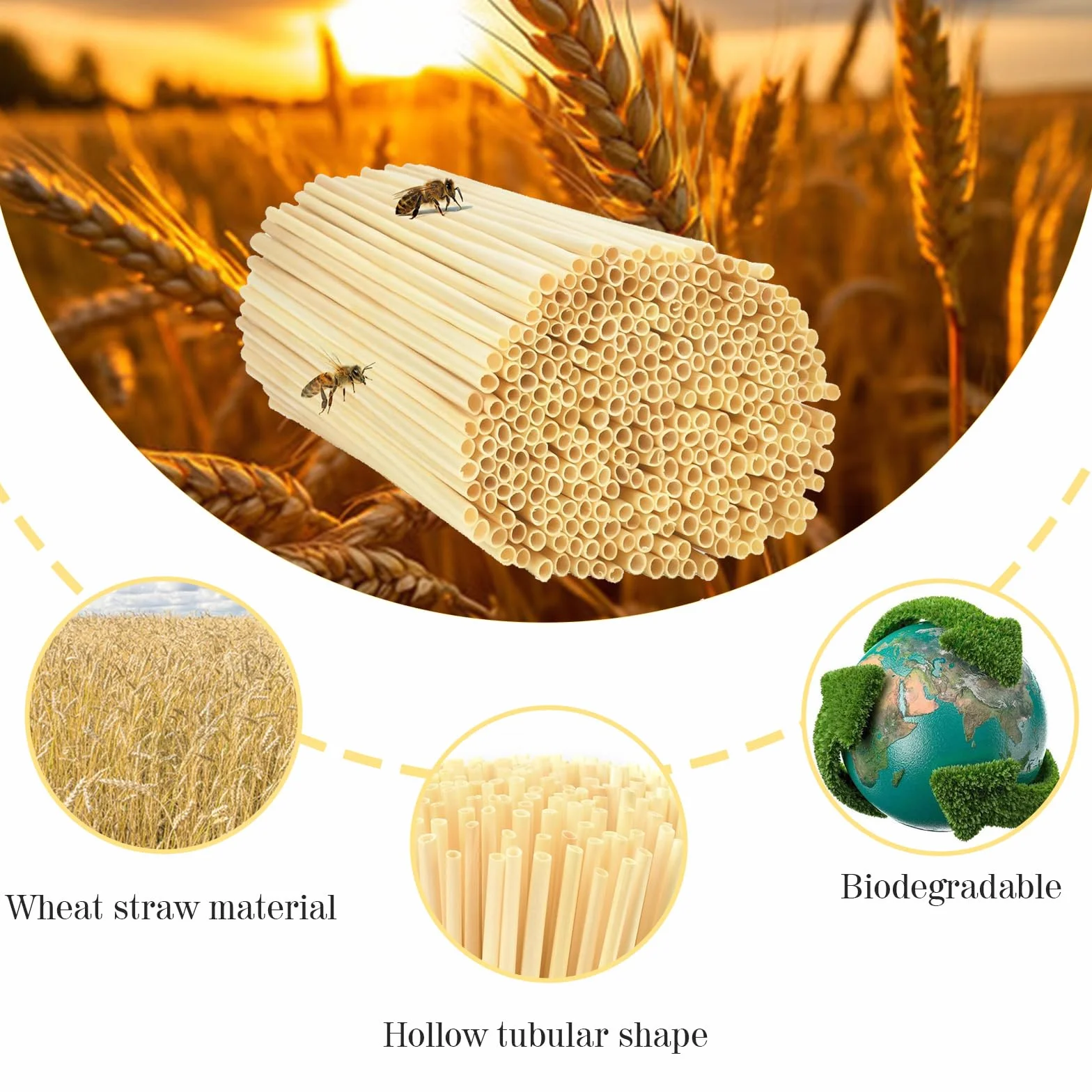 Kit Hôtel à Insectes 300 Pièces 20 cm Paille de Blé Naturelle pour Abeilles Papillons