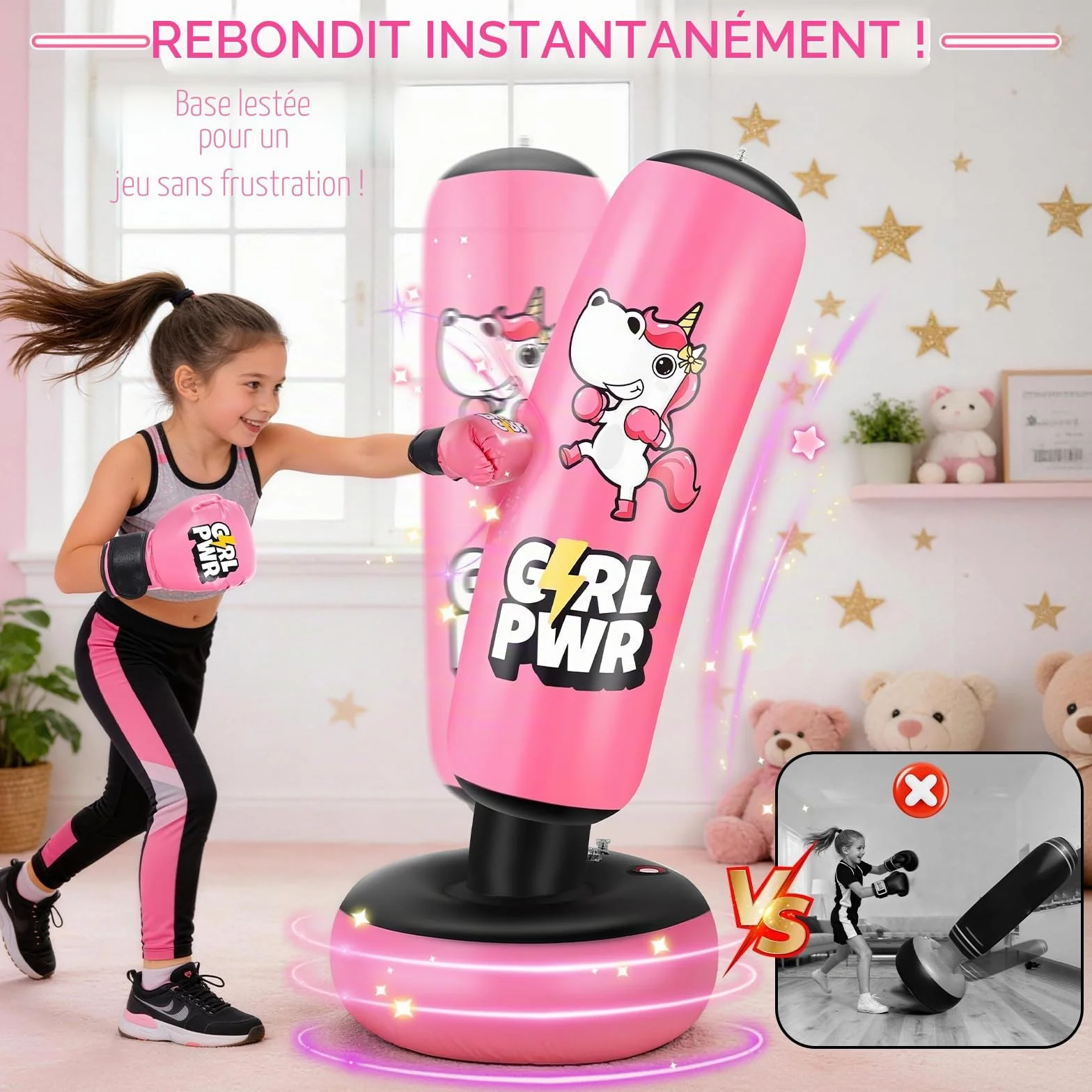 Punching Ball avec Gants de Boxe et Pompe, Sac de Boxe Enfant 168 cm - Idéal pour Karaté, Taekwondo, Cadeau Parfait pour Garçons & Filles de 5 à 12 Ans (Rose)