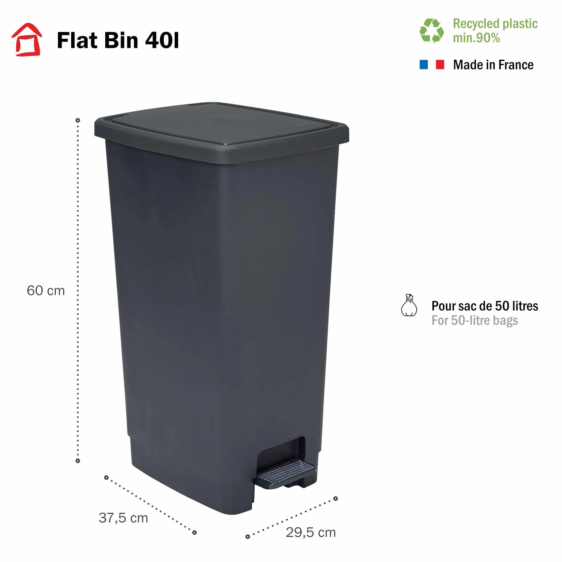 SUNDIS Poubelle à pédale 40 L rectangulaire plastique recyclé noir anthracite
