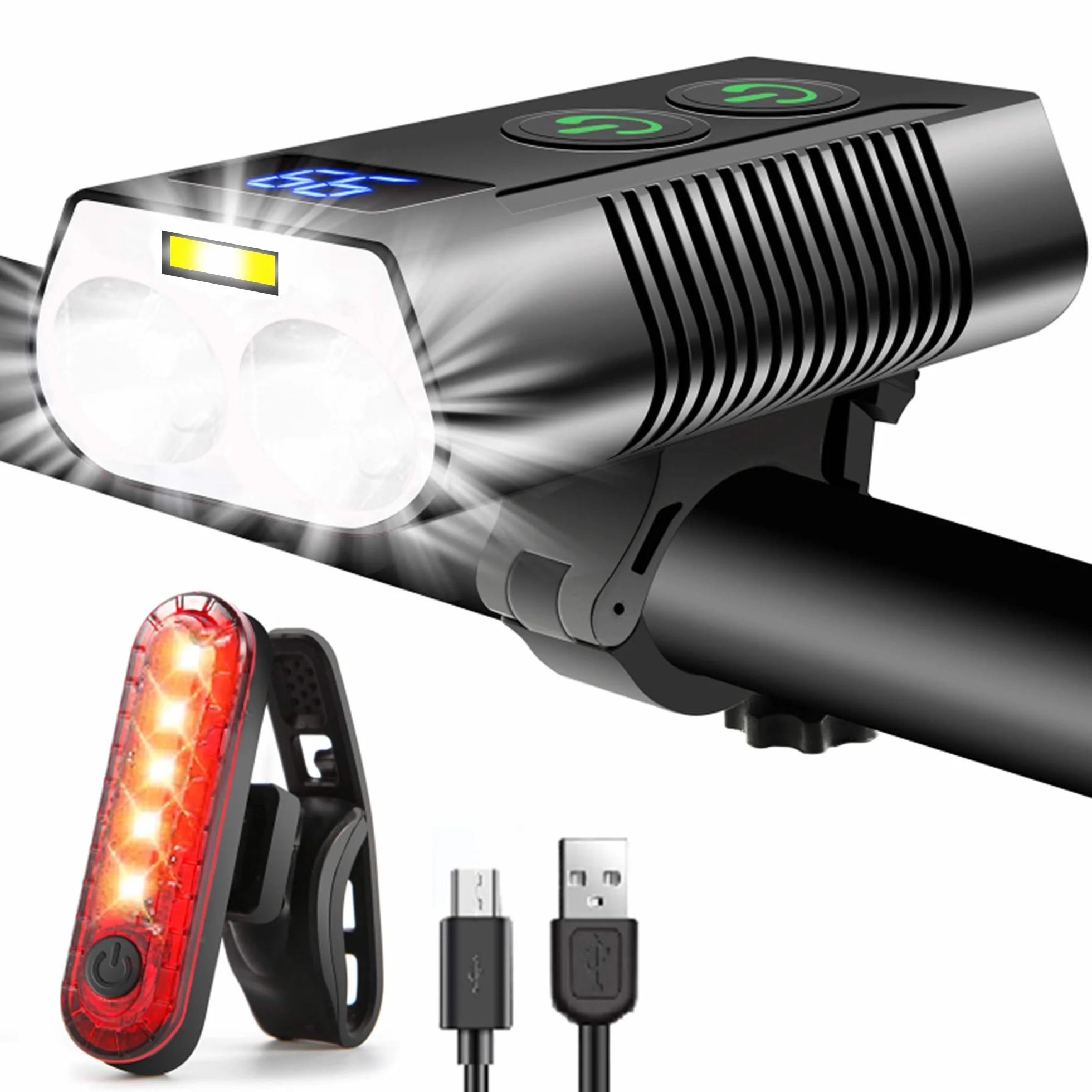 REHKITTZ Lumiere Velo 3300 Lumen Super Lumineux, 5000 mAh Autonomie Très Longue Rechargeable Lampe Velo avec Feu Antibrouillard et Indicateur de Puissance, Lumière Vélo Avant et Arrière
