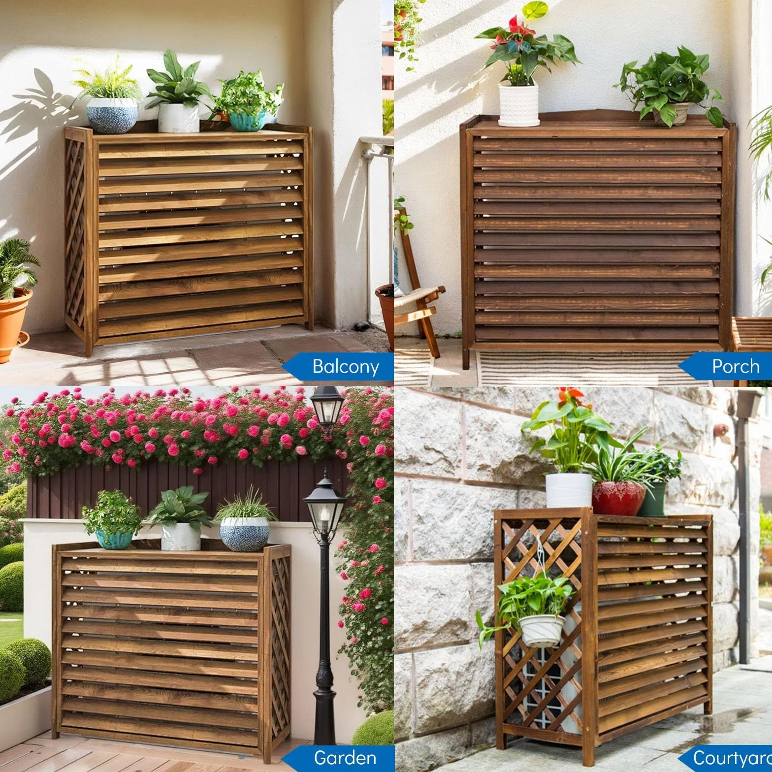 Cache Climatiseur Extérieur Bois Marron Anti-Corrosion 100x44x93cm pour Jardin Balcon