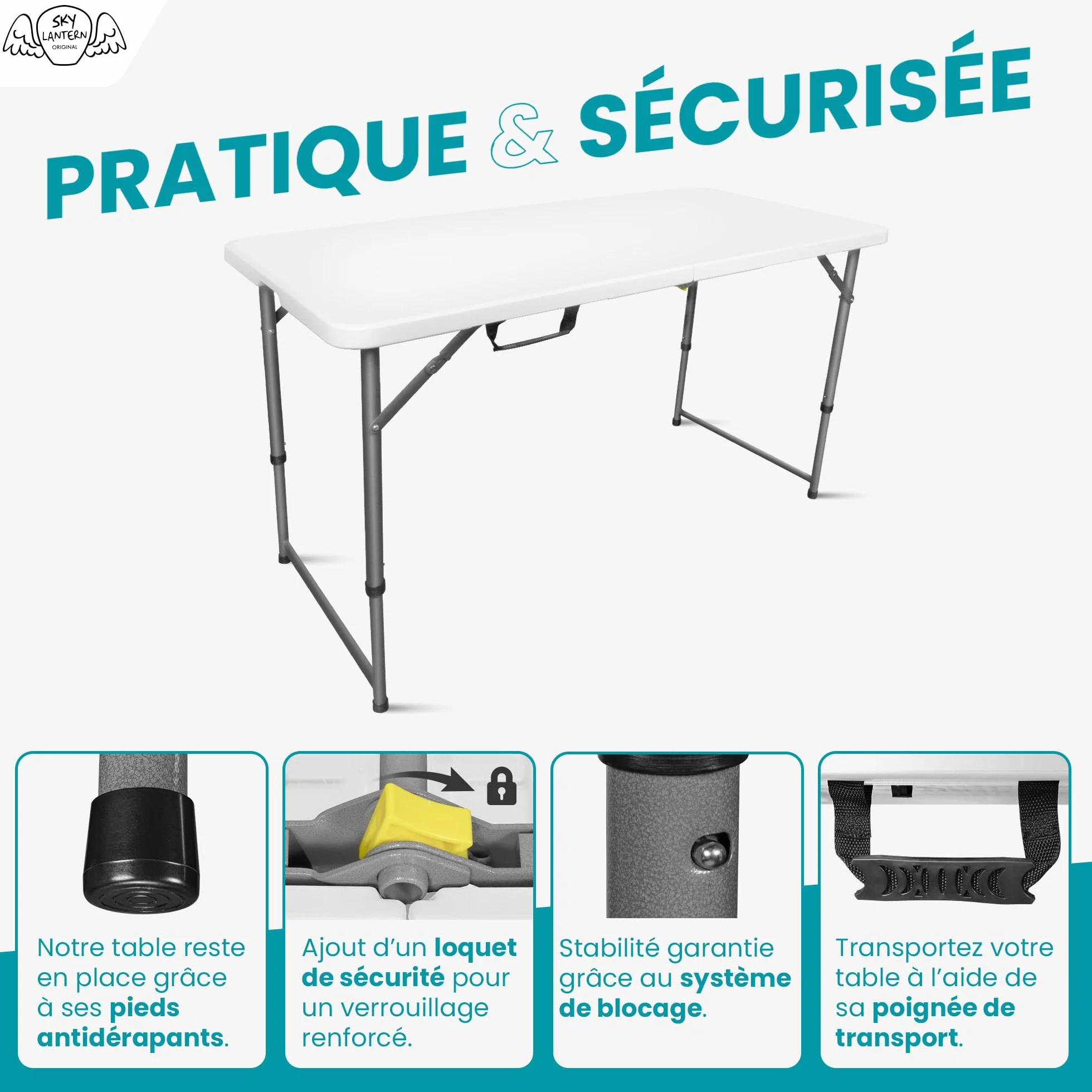 SKYLANTERN® Table Pliante 120 cm Rectangulaire Blanche Hauteur Réglable Table de Camping 6 Personnes HDPE
