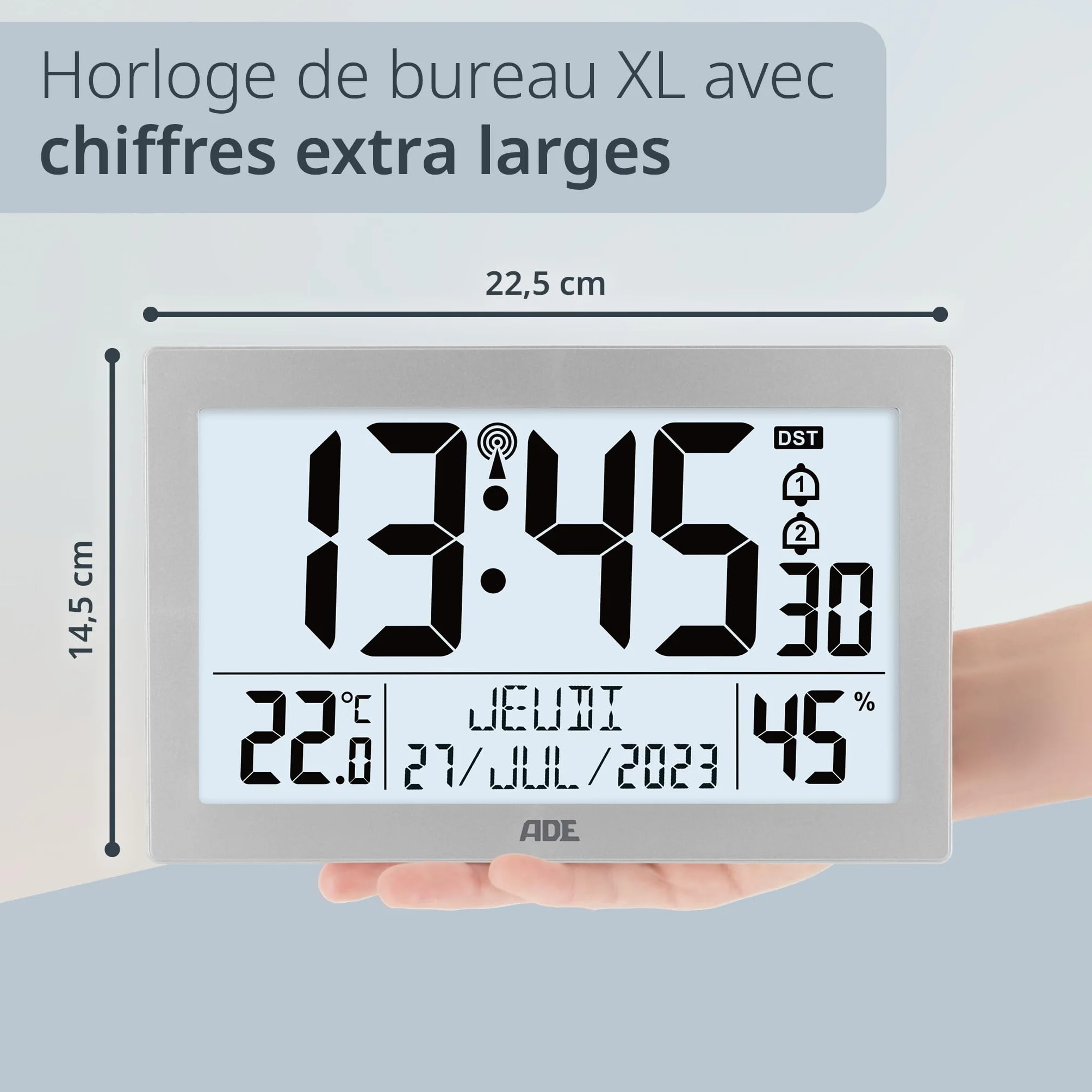 ADE Horloge radiopilotée numérique Grand écran XL avec thermomètre hygromètre réveil argenté