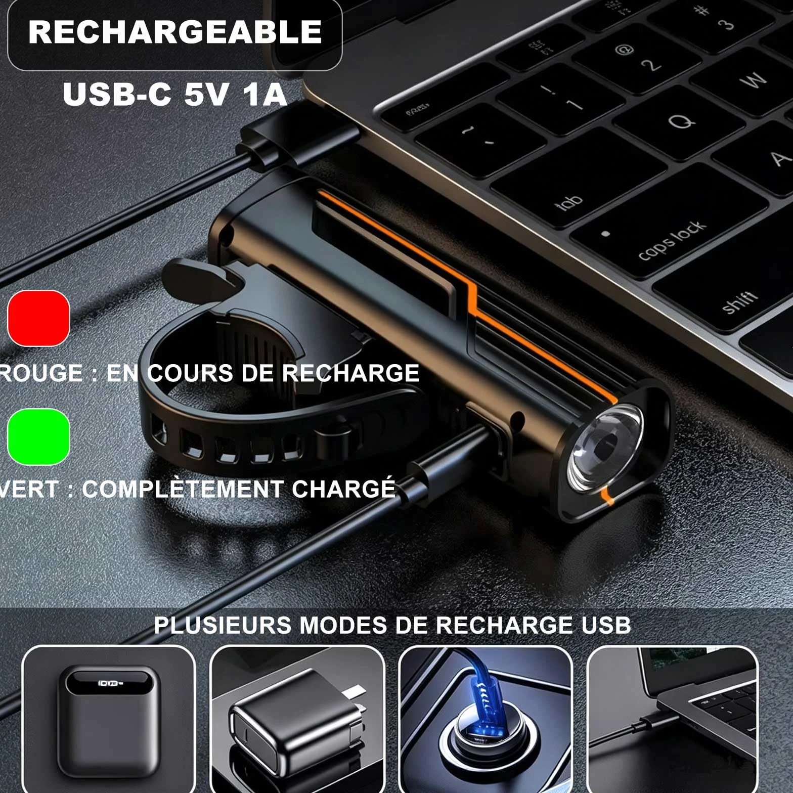 Lumiere Velo Rechargeables USB, Phare Avant pour Vélo a LED Puissant,Balade de Nuit Lampe de Poche,de vélo Avant Phare,4 Mode,imperméable Facile à Installer,Lampe Velo pour VTT Course Cycliste