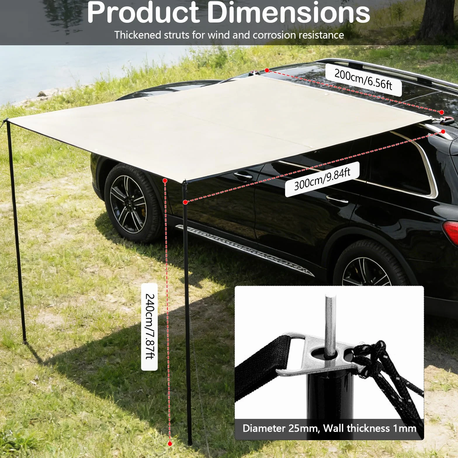 Kit de Auvent Voiture Rétractable, 200x300cm, avec 2 Poteaux, 8 Câbles de Haubanage, 8 Sardines, 2 Ventouses, Sac de Rangement et Sac de Transport, UPF50+, PU3000+, pour Aventures (Blanc)