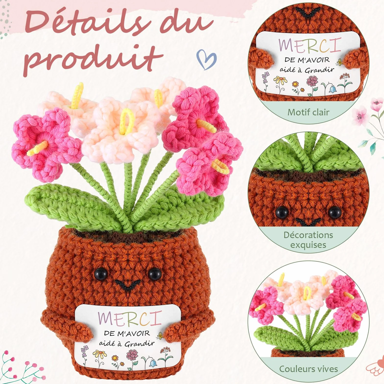Hicarer 3 Pièces Poupée au Crochet Fait-Main Porte-Clés Carte de Vœux avec Marguerite Cadeau Merci Enseignant Fin d'Année