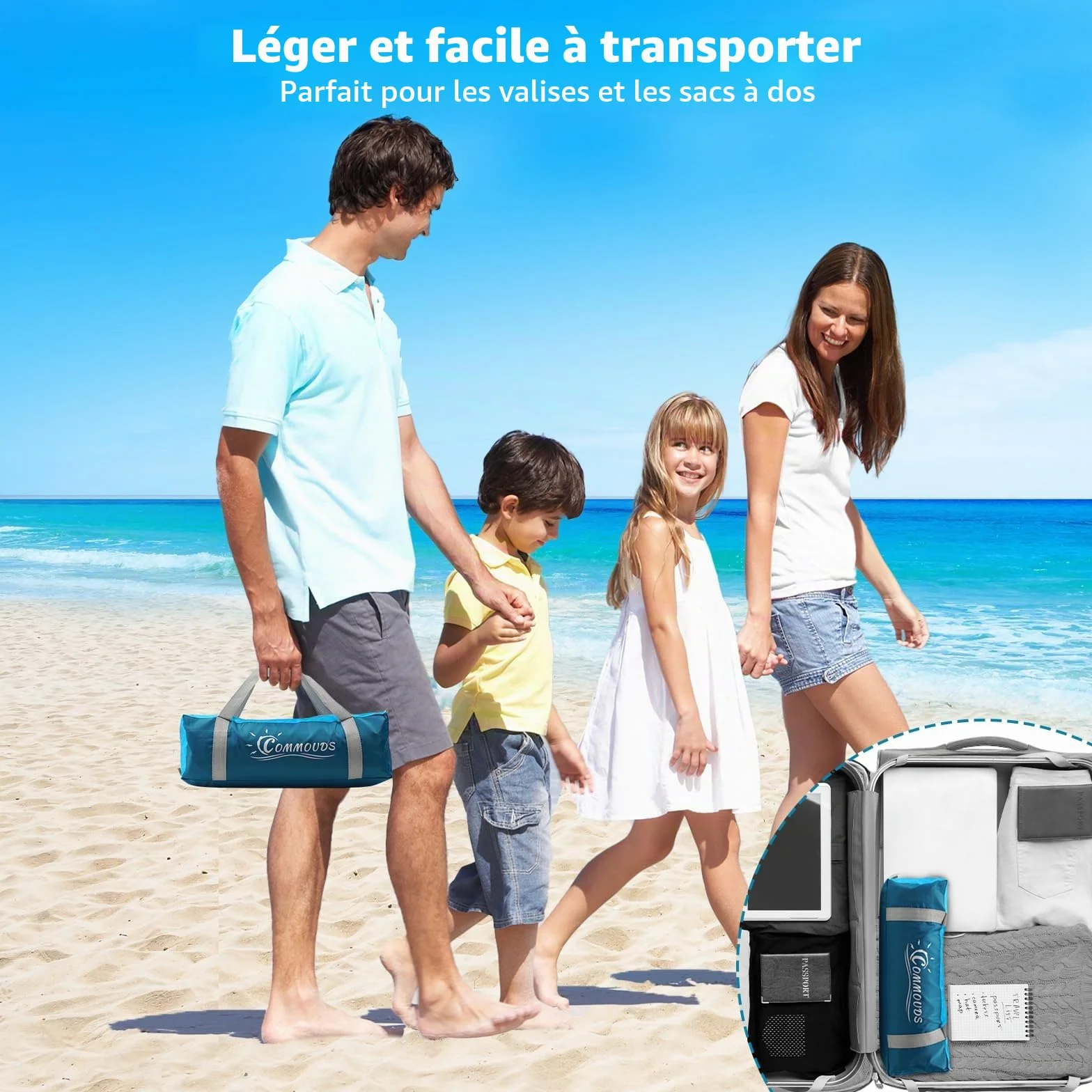 COMMOUDS Tente de Plage Anti UV pour 3-4 Personnes, Familiale, Facile à Installer Et à Transporter - Parasol pour Camping, Pêche, Extérieur
