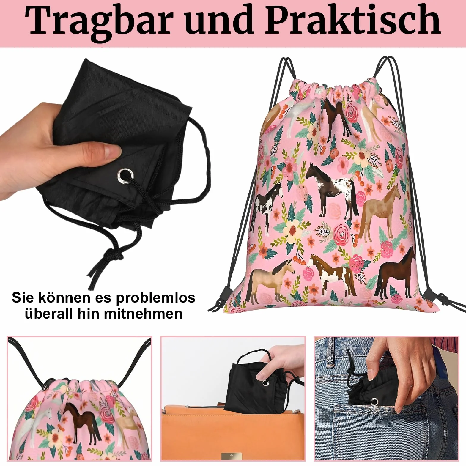 Sac de gym design cheval et fleurs - Pliable - Grande capacité - Cordon de serrage - Sac de sport multifonction et sac à dos de natation - Sac à cordon de serrage pour le sport, la salle de gym, les