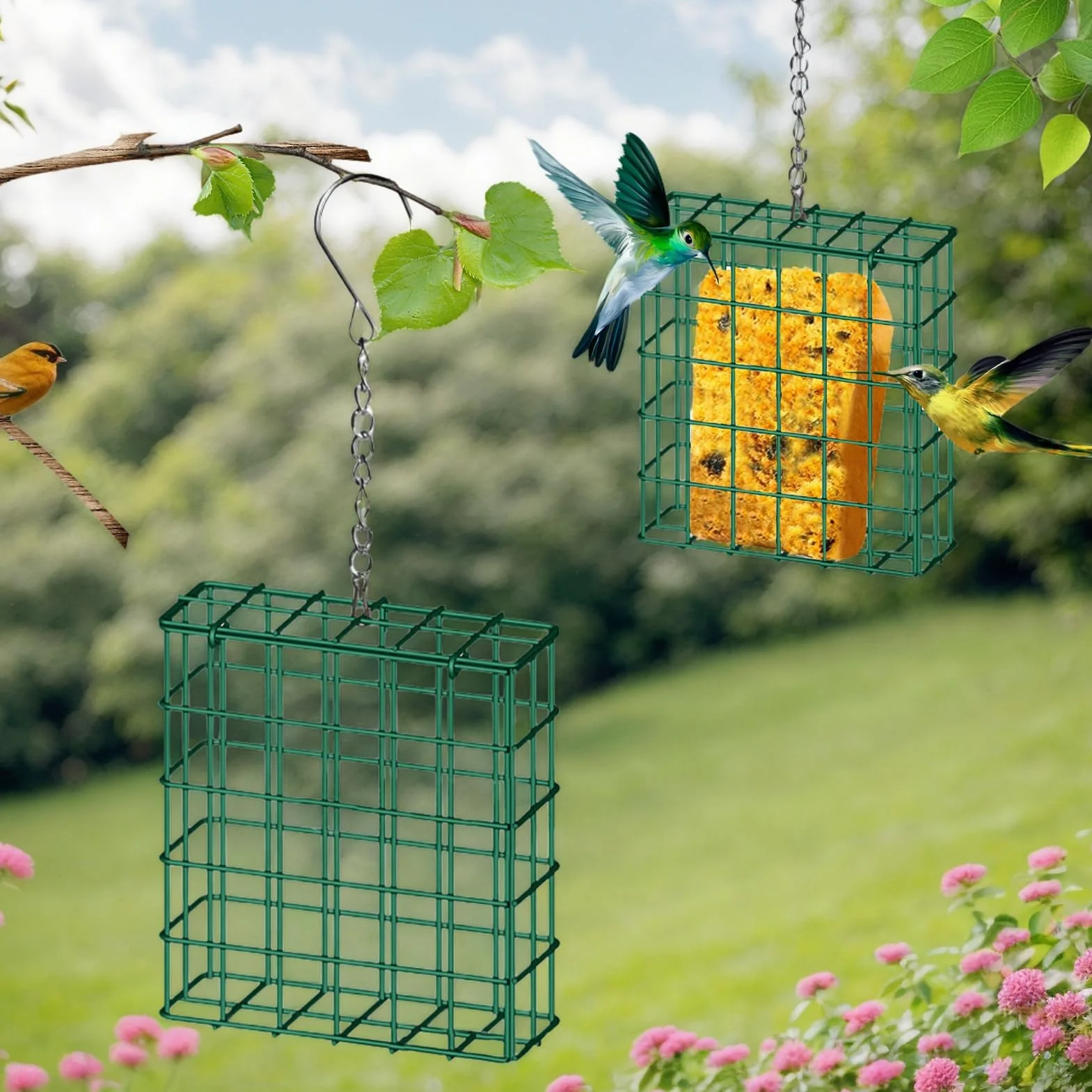 Lot de 2 Mangeoires à Suif Carrées en Fer Résistant aux Écureuils avec Chaîne pour Oiseaux