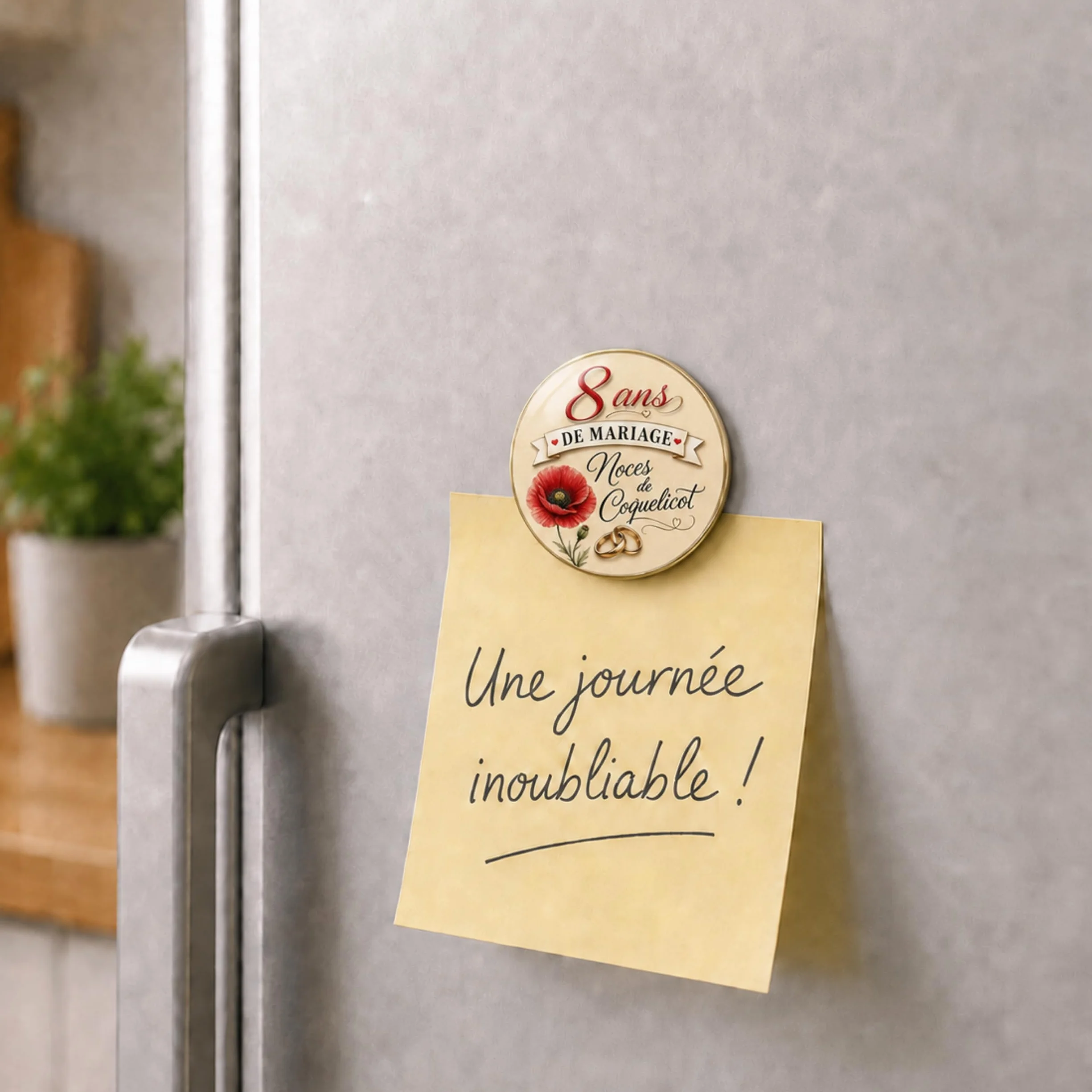 Magnet Aimant Noces de Coquelicot 8 Ans de Mariage 3,8 cm Métal Plastique