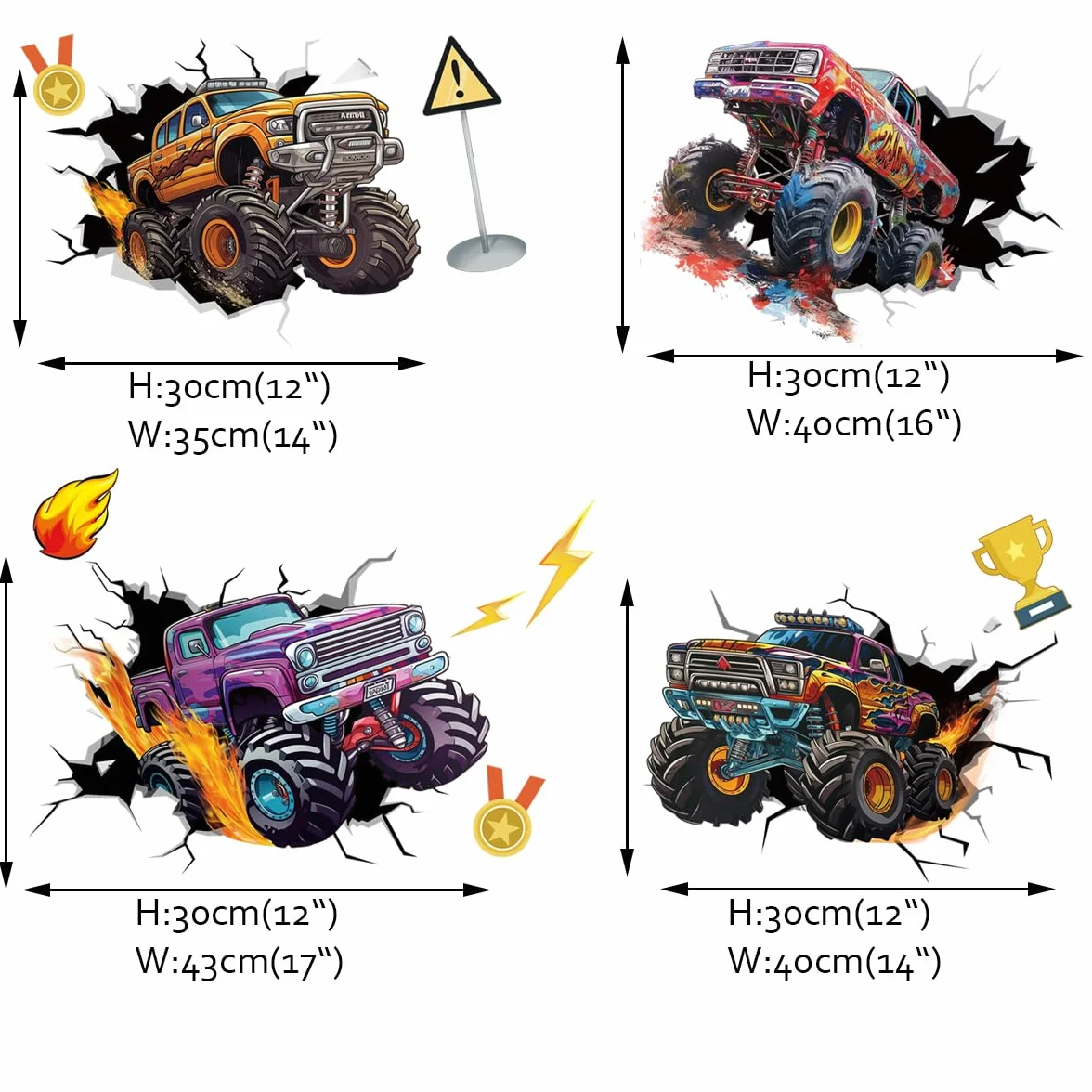 Runtoo Autocollants muraux 3D Monster Truck Break Through Cars Décoration murale chambre garçon