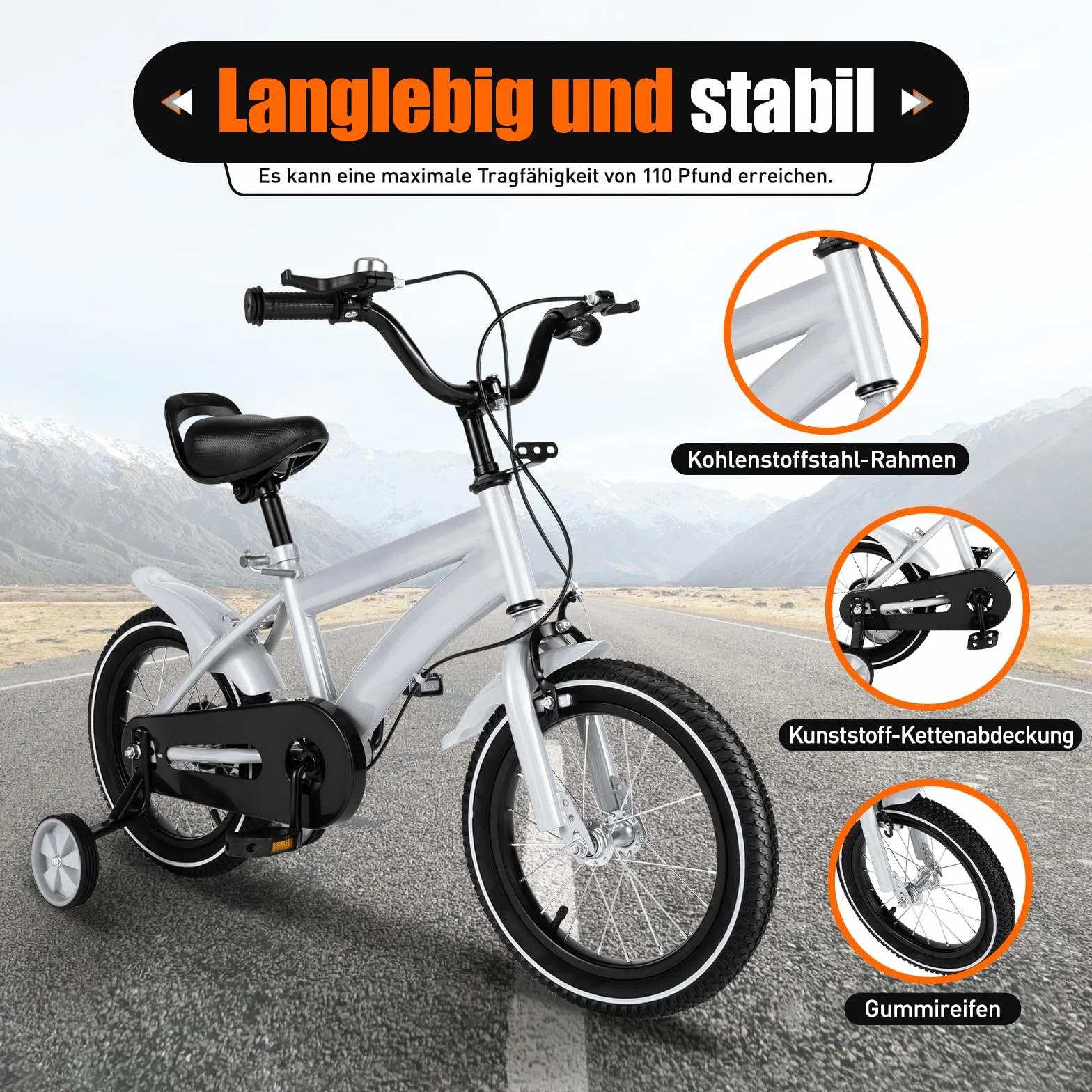 Vélo pour enfant de 14 pouces avec roues stabilisatrices, léger pour enfants de 2 à 4 ans, pour garçons et filles, vélo d'entraînement réglable en hauteur avec couvre-chaîne et frein à main