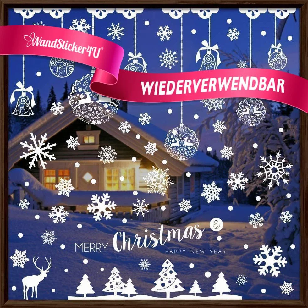 Autocollant fenêtre Noël réutilisable XXL Boules de Noël Flocons de Neige Blanc Décoration Vitres Vitrine Électrostatique Grande