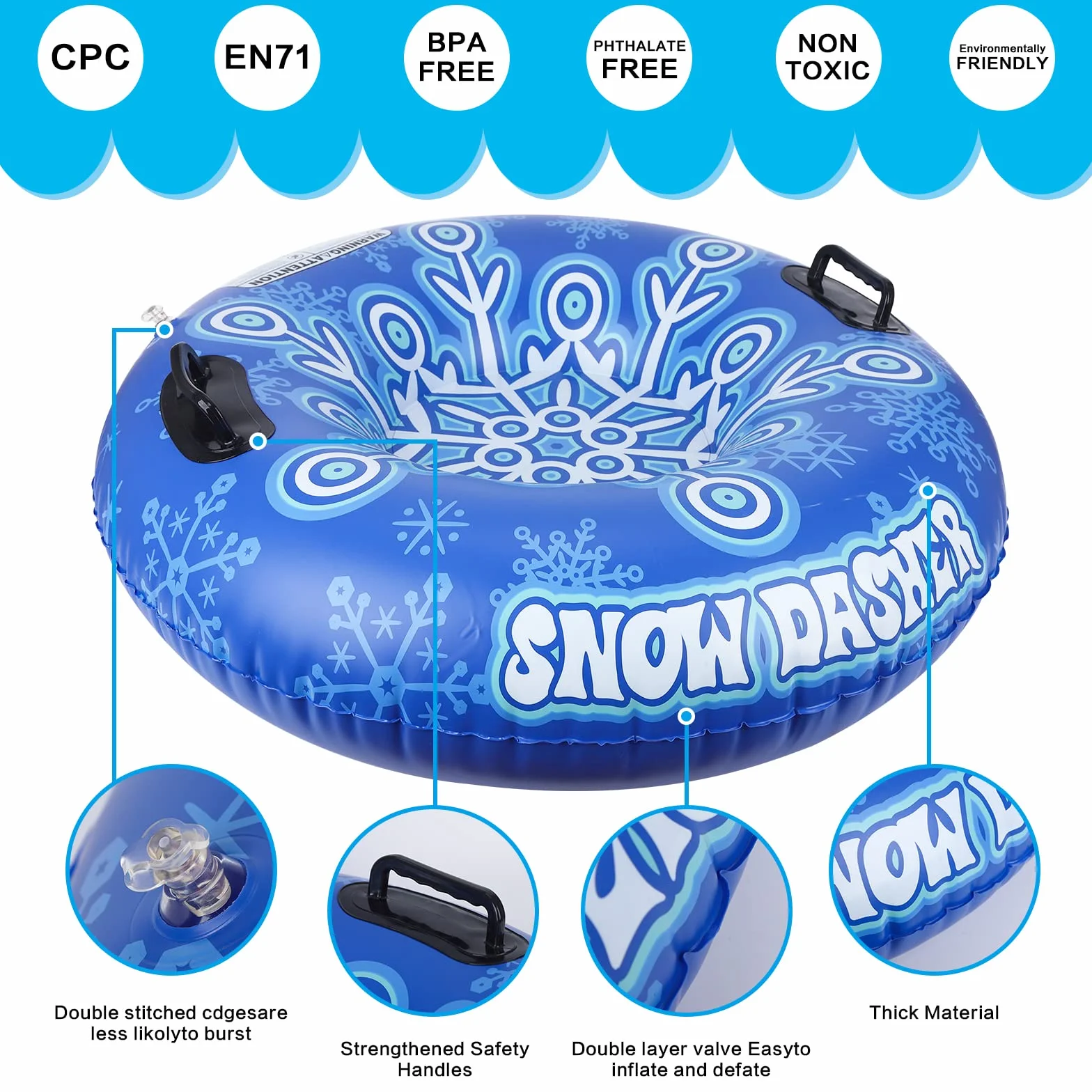 Tube de Neige Luge Gonflable Robuste 90 cm Tube de Neige Gonflable en PVC Tube de Ski Gonflable pour Adultes Anneau de Ski Gonflable Bleu avec poignées Jeux de Sport d'hiver en Plein air Ski Luge