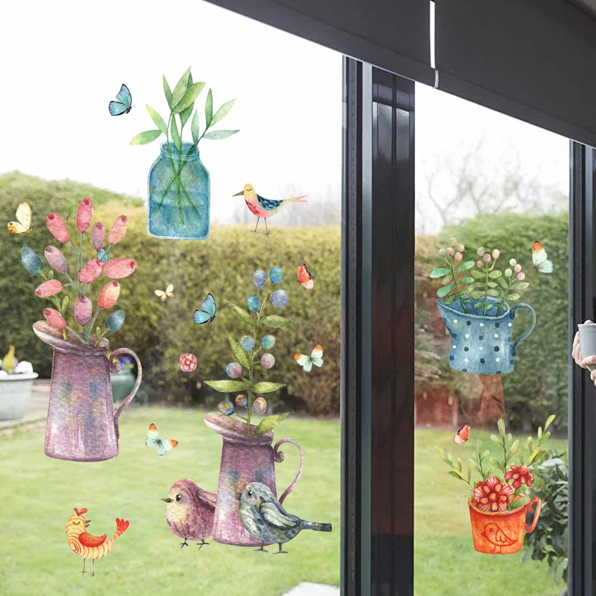 Naklejki okienne POTS de FLEURS aquarelle réutilisable | Dekoracyjne kwiaty ptaki wiosna lato | Autocollant salon chambre enfant cuisine (non adhésif)