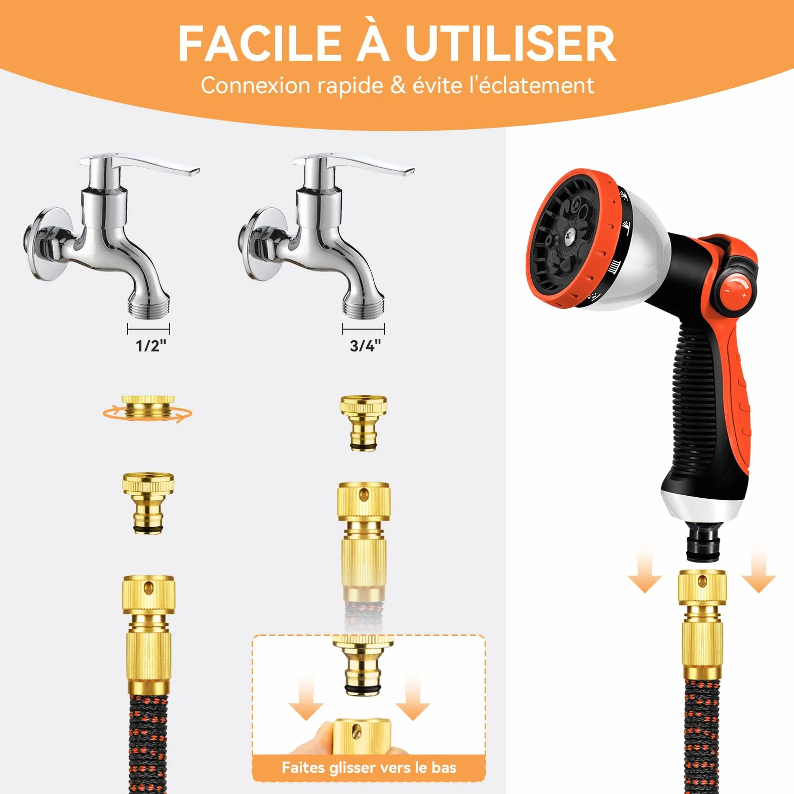 Yofidra Tuyau d'Arrosage Extensible 30m/100Ft 10 Modèles de Pulvérisation Raccords Métal 1/2" 3/4" Jardin