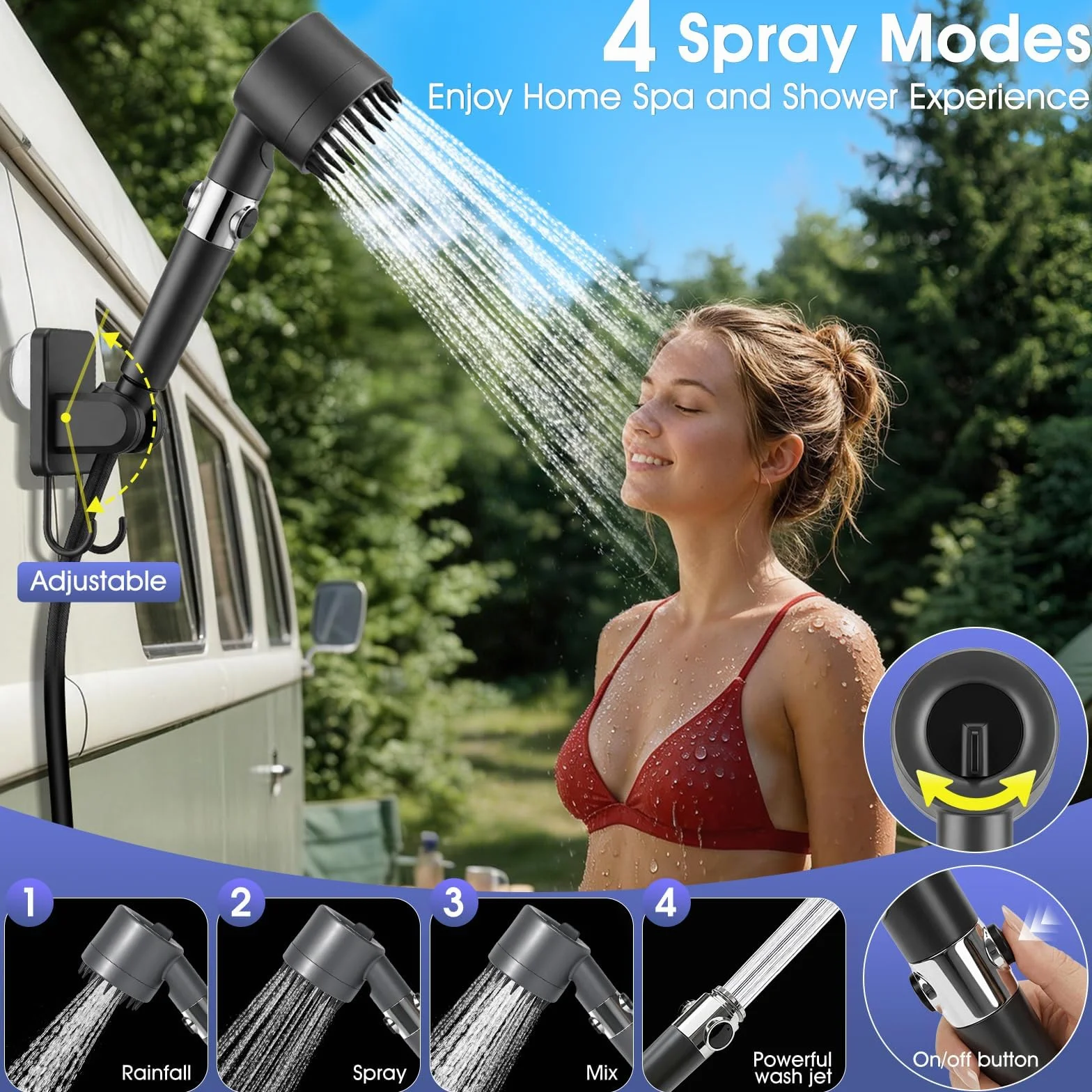 KingSom Douche de Camping, Douche Portable avec Chauffage, 8000 mAh Pompe de Douches Électrique Rechargeable, Douches Camping Réglable avec Grand LED Écran Intelligent pour Extérieure, Randonnée