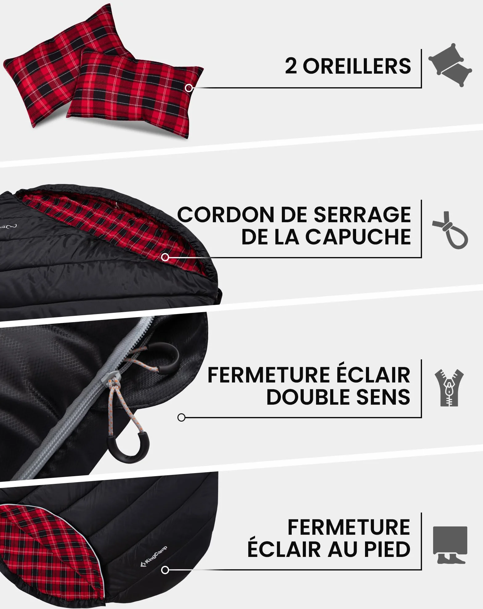 KingCamp Sac de Couchage Double en Flanelle de Coton pour 2 Personnes - Chaud pour l'hiver, 3-4 Saisons, avec 2 oreillers - Idéal pour Le Camping, Voyages et activités Plein air