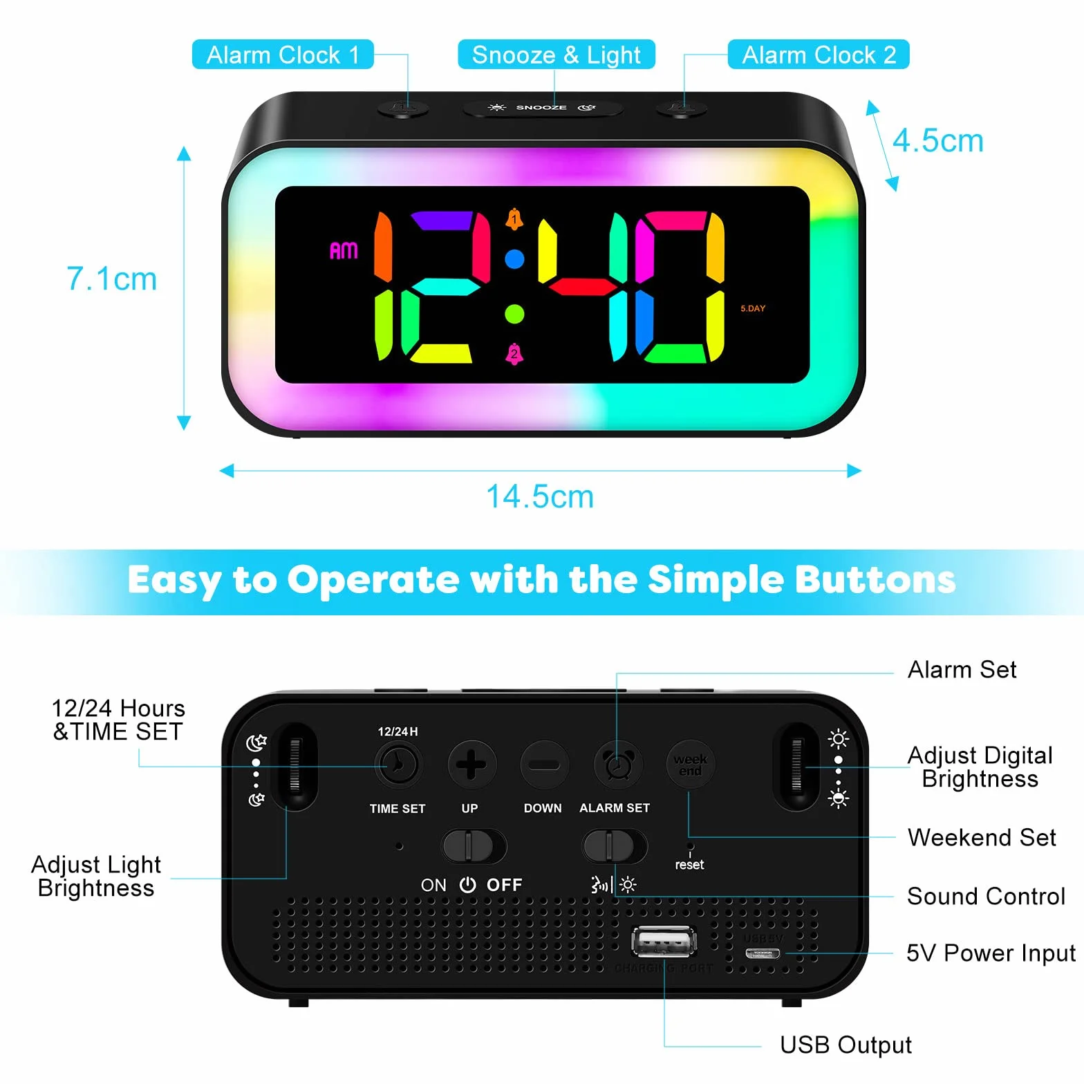 MOSUO Réveil Numérique Enfant avec Veilleuse LED 7 Couleurs, Alarme 2 Modes, Luminosité Réglable, Snooze, Commande Vocale, 12/24H, Port USB