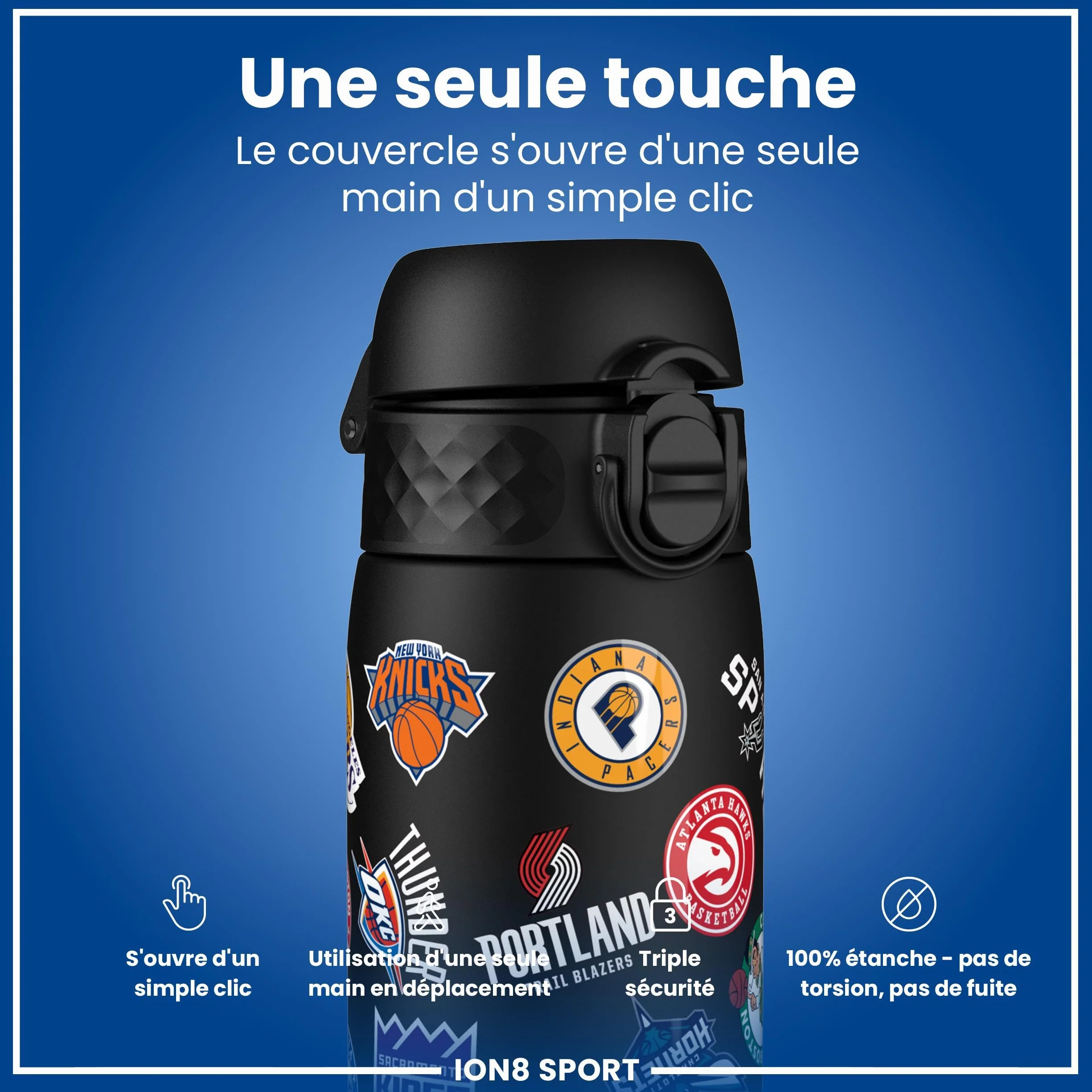 Ion8 NBA Équipes Multiples Gourde, 500ml, Anti-Fuite, Facile à Ouvrir, Verrouillage Sécurisé, Lavable en Lave-vaisselle, Sans BPA, Poignée de Transport, S'adapte aux Porte-gobelets, Facile à Nettoyer