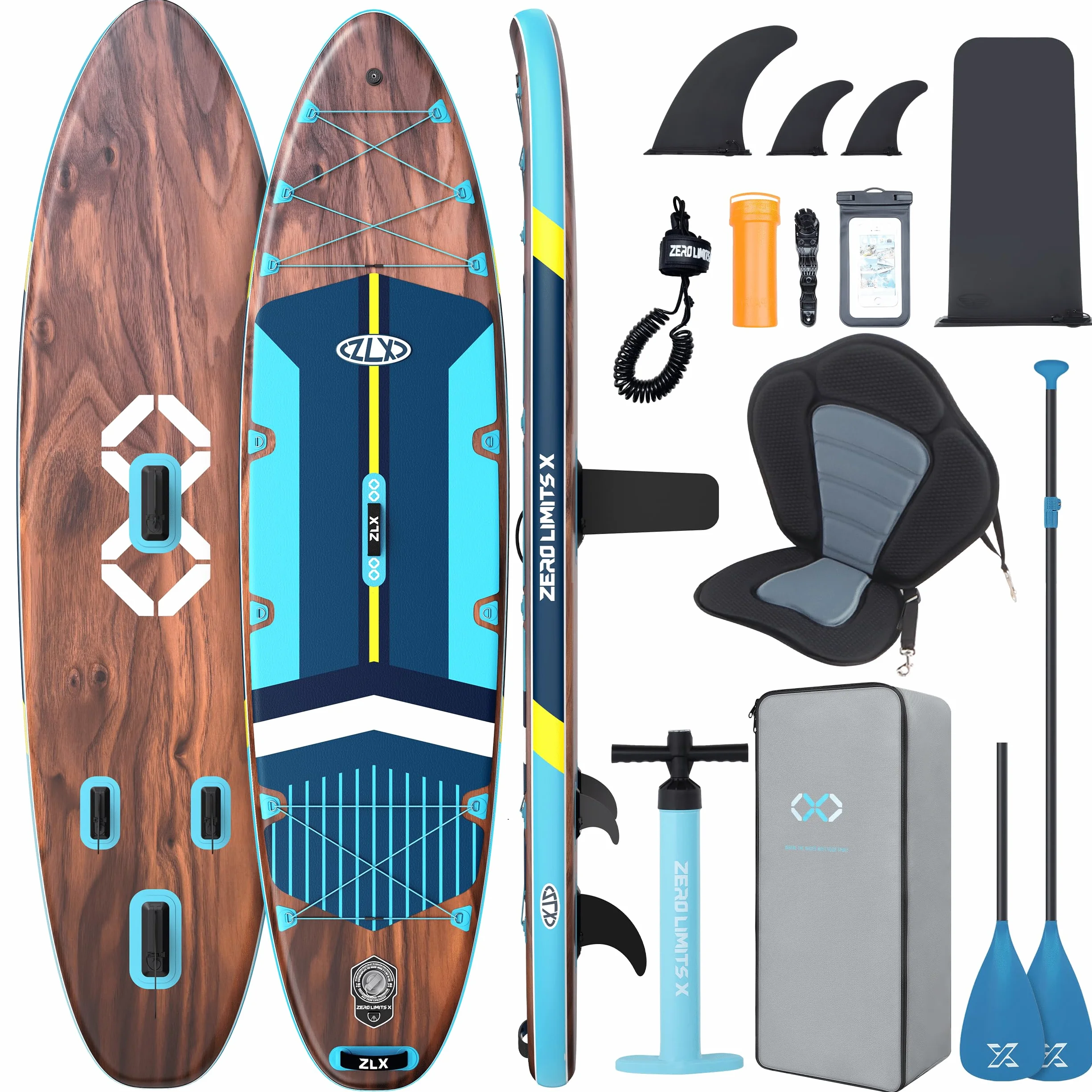 ZLX Paddle Gonflable 350 x 89 cm Extra Large Sup | Planche Stable Antidérapante, Aileron Amélioré, Accessoires Premium, Sac & Pompe Haute Pression, pour Adultes Tous Niveaux avec Siège Gonflable