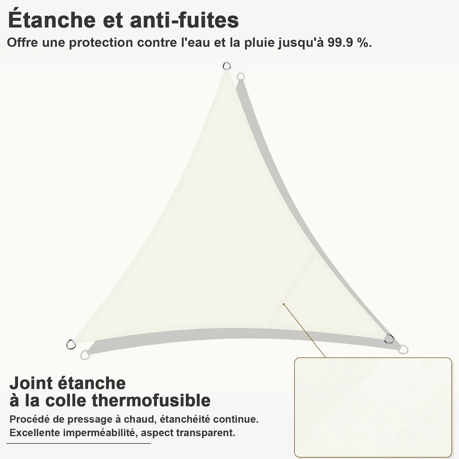 Voile d'ombrage Triangulaire Imperméable 3x3x3m 160 g/m² Protection UV 95% Beige