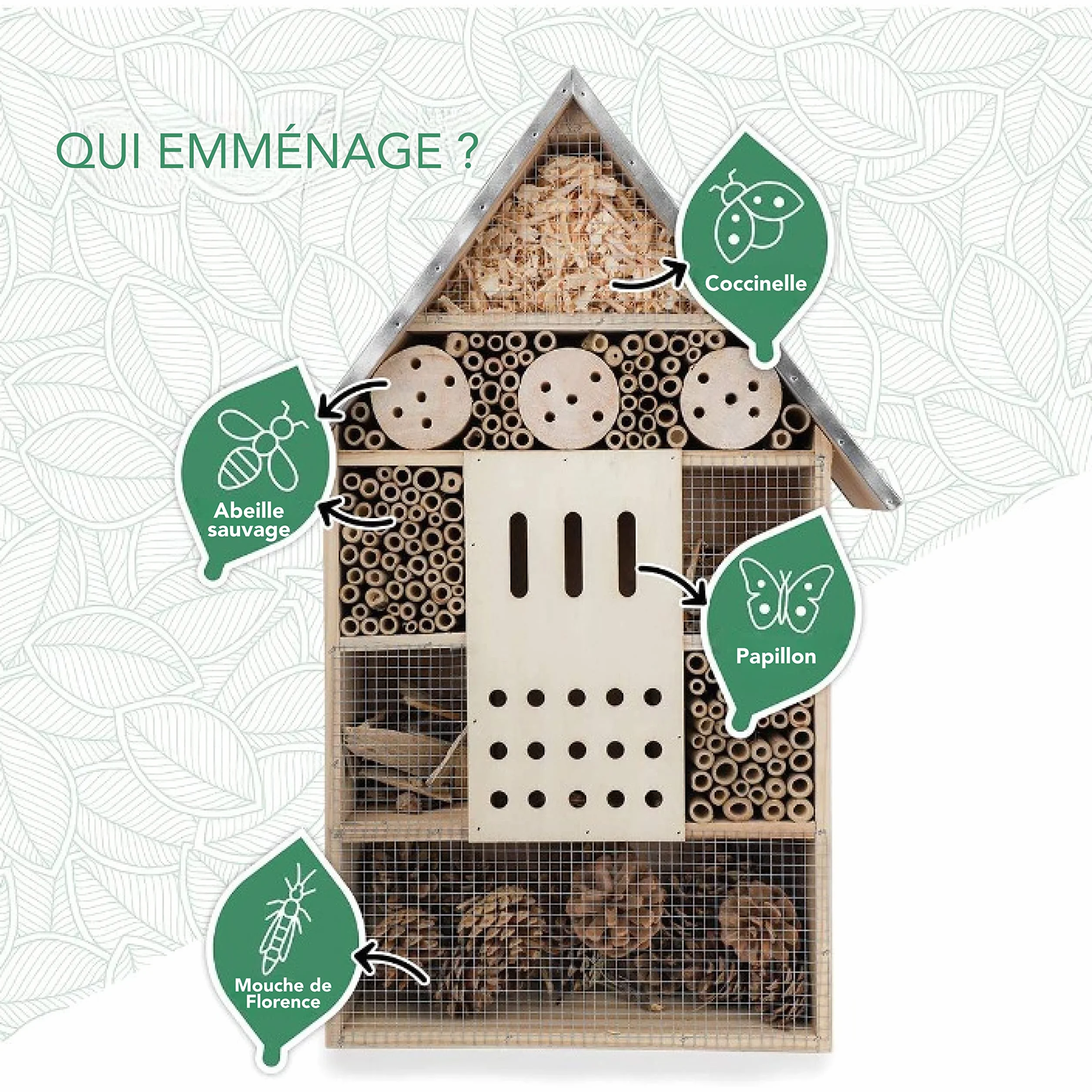 Hôtel pour Insectes XXL Debout 76cm Toit Métallique Grand Non Traité Maison pour Abeilles Papillons