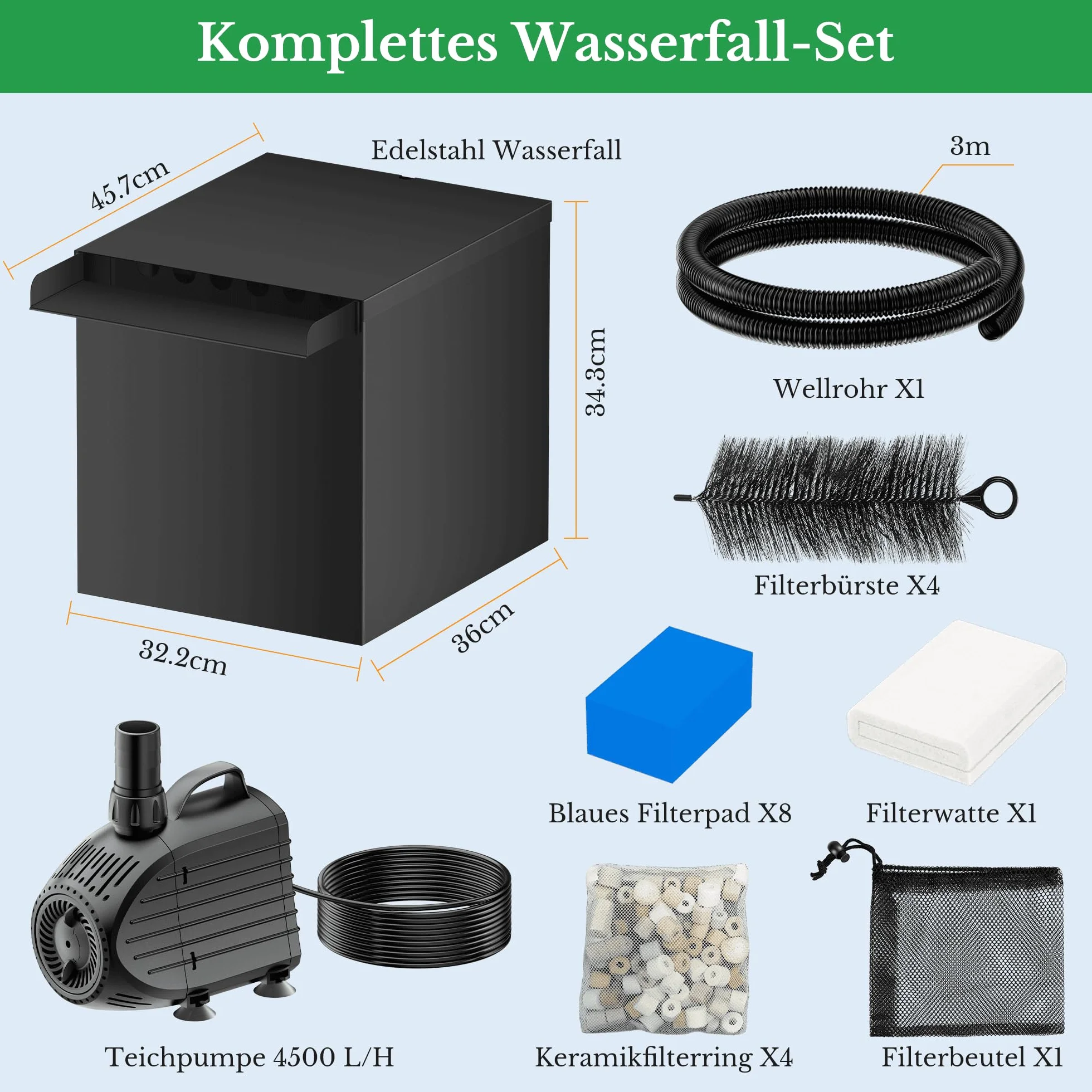 Biling Cascade Pond Kit avec Filtre, Acier Inoxydable, Pompe 80 W, 4500 l/h