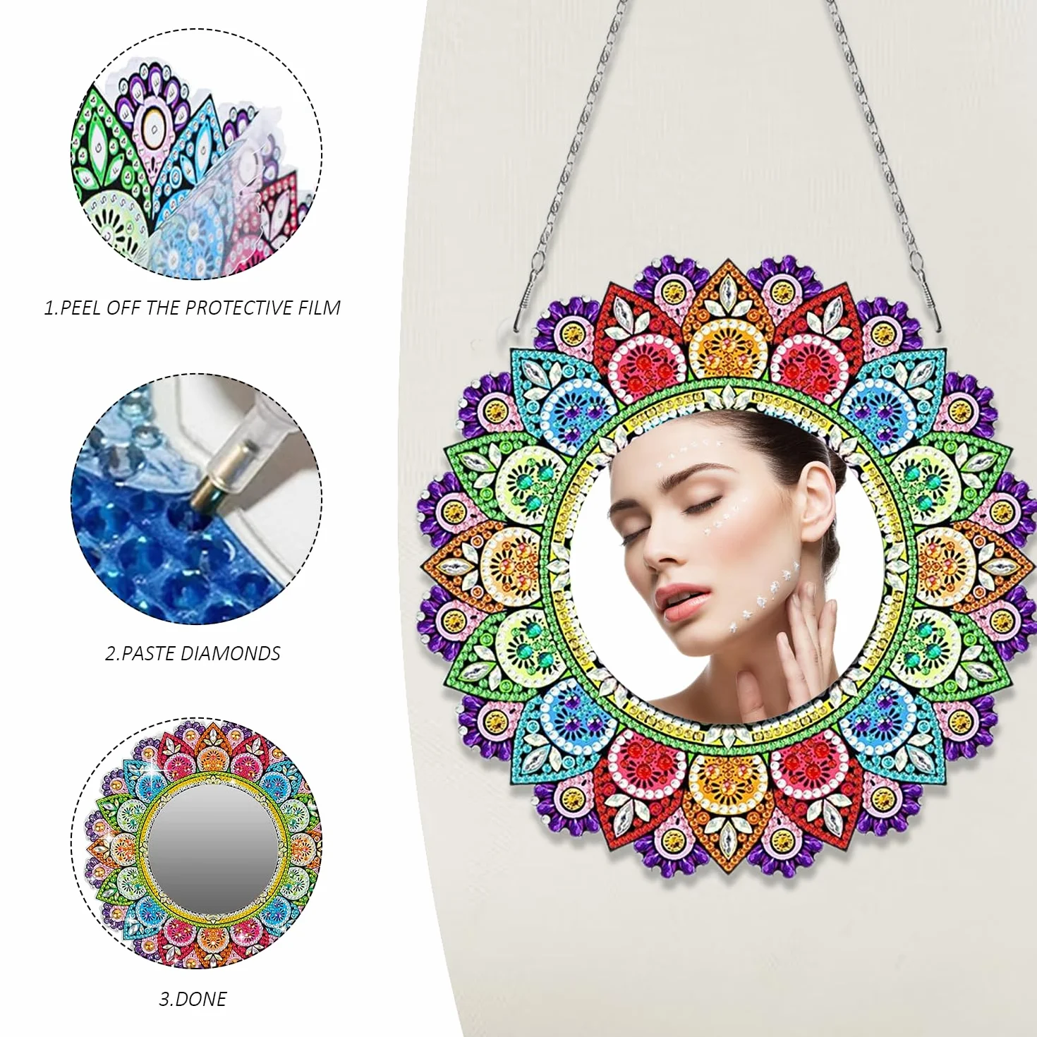 Miroir de maquillage mandala en cristal peint, ensemble pour enfants, artisanat bricolage cadeau fille